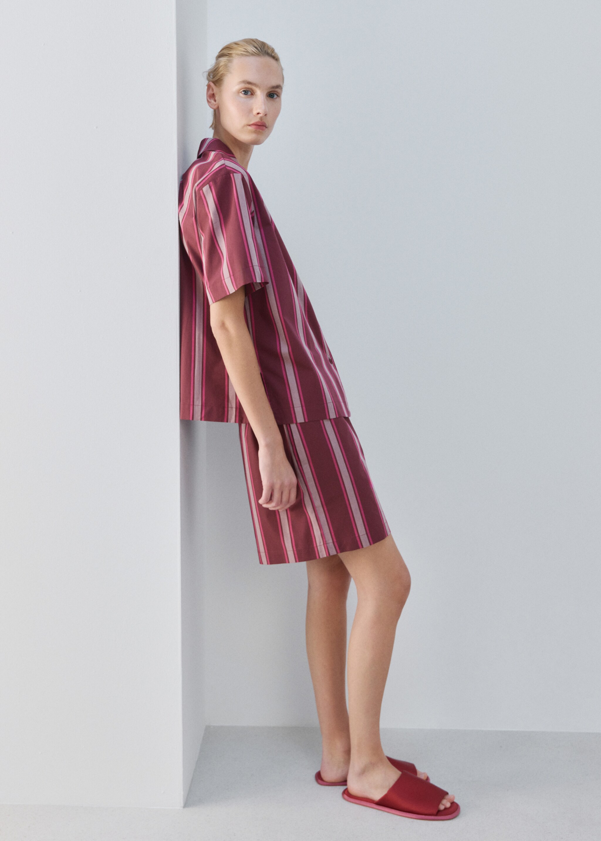 Short-sleeve striped pyjama top - General plane, Fuchsia. Ref: 27083324-00.