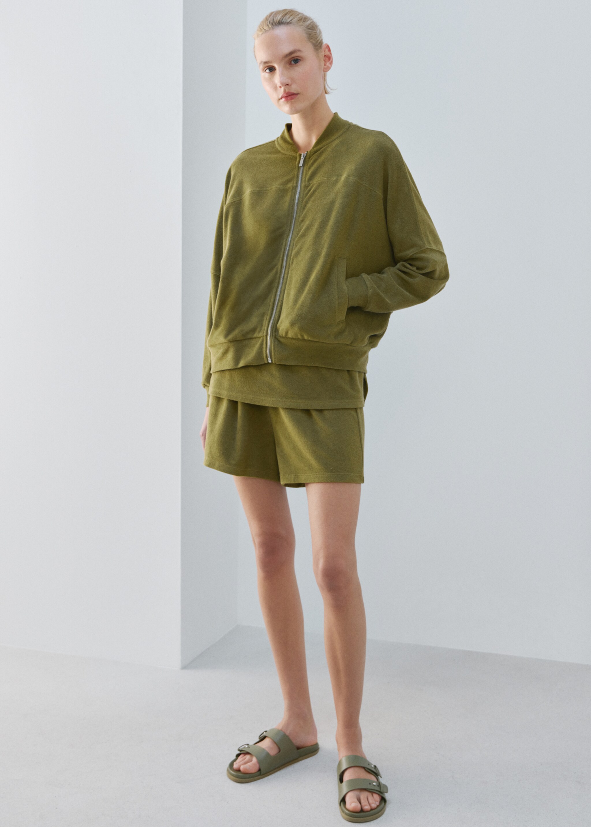 Cárdigan algodón rizo - Plano general, Khaki. Ref: 27083328-00.