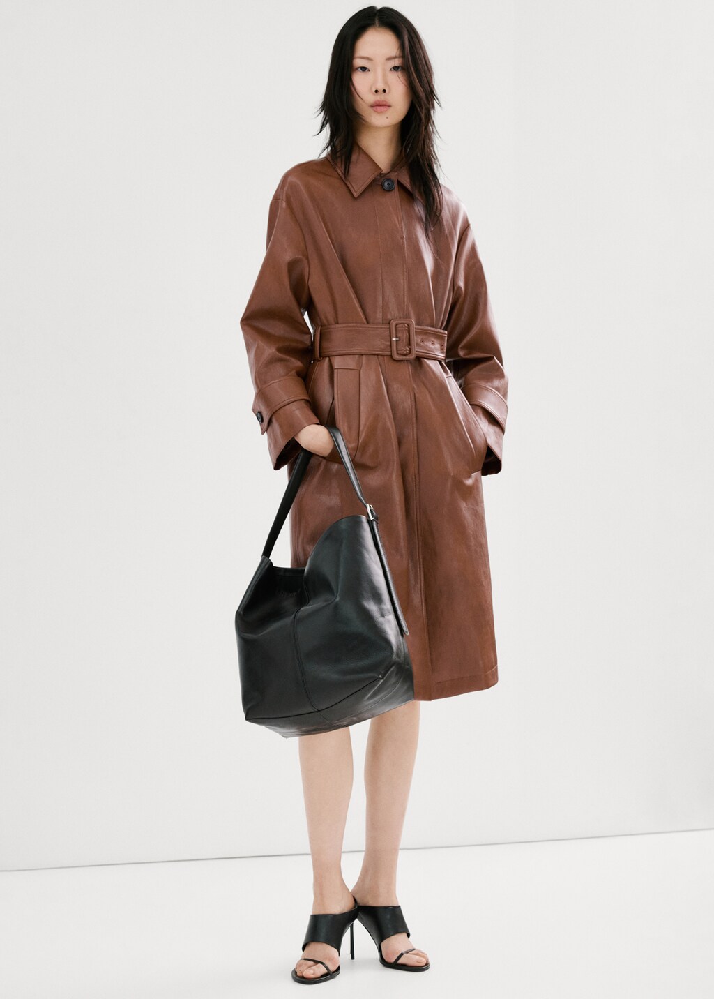 Long faux-leather trench coat with belt