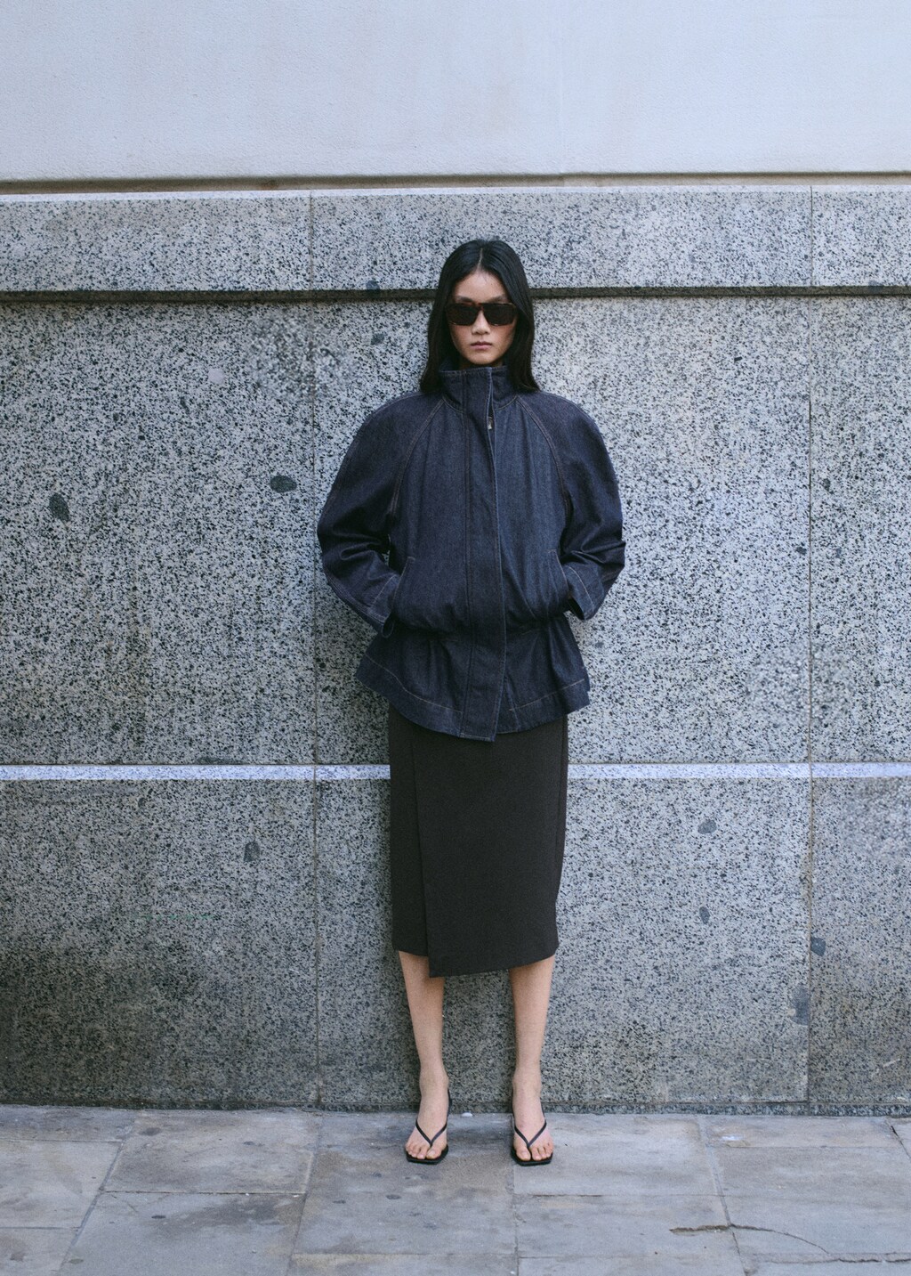 Gathered-waist denim parka