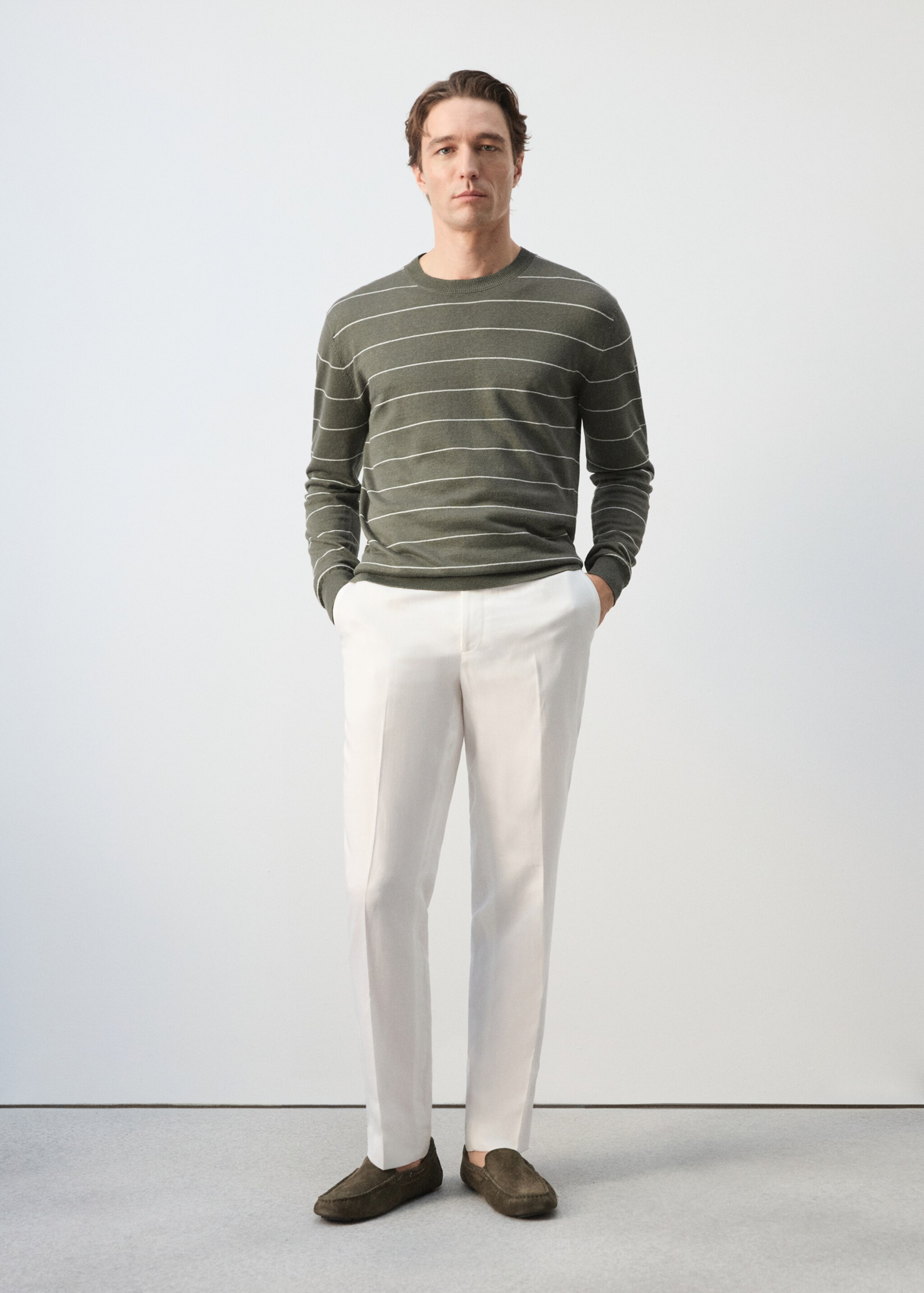 Linen blend fine knit striped jersey - General plane, Medium Brown. Ref: 27085938-00.