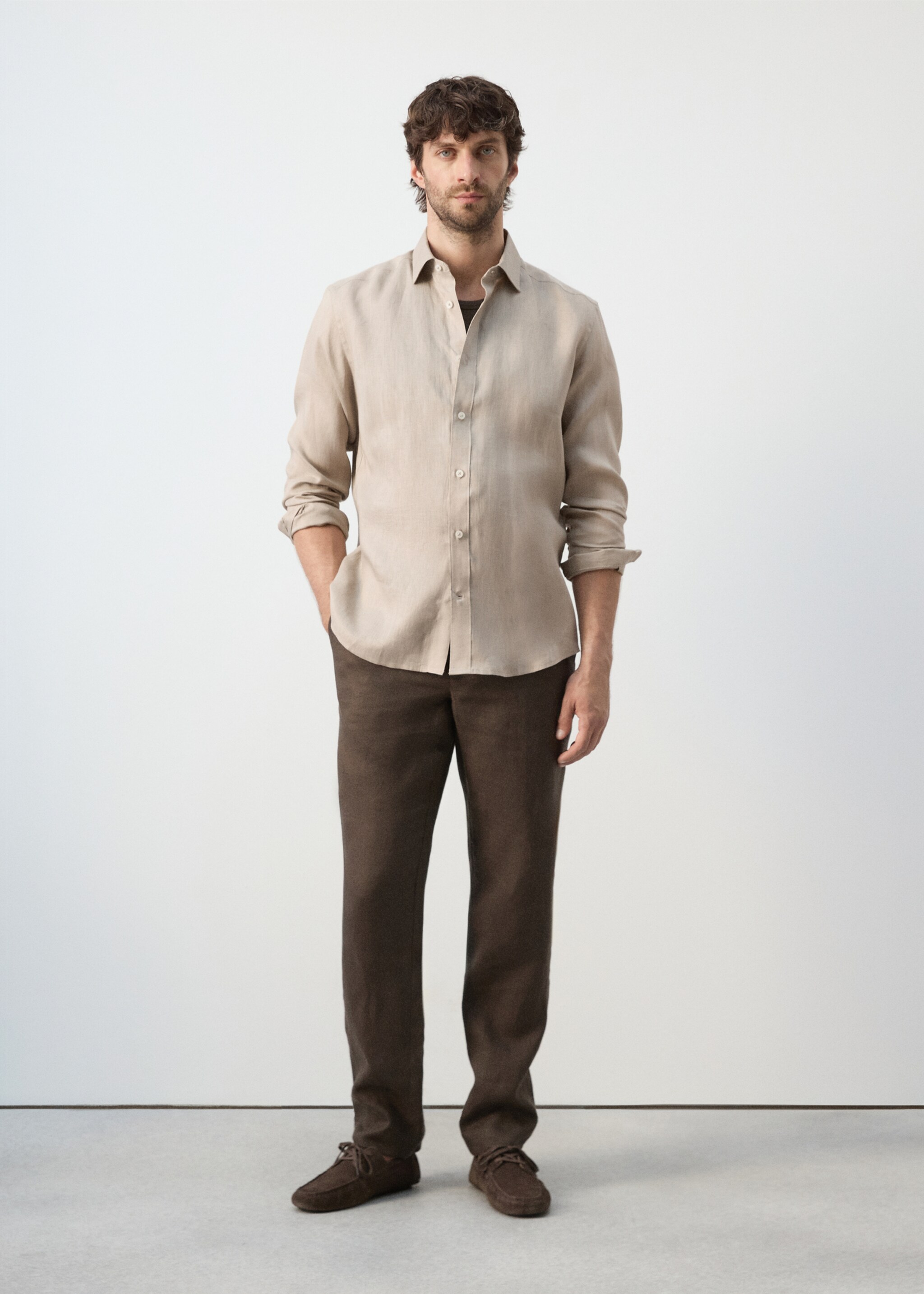 Regular-fit 100% linen shirt - General plane, Sand. Ref: 27085939-00.
