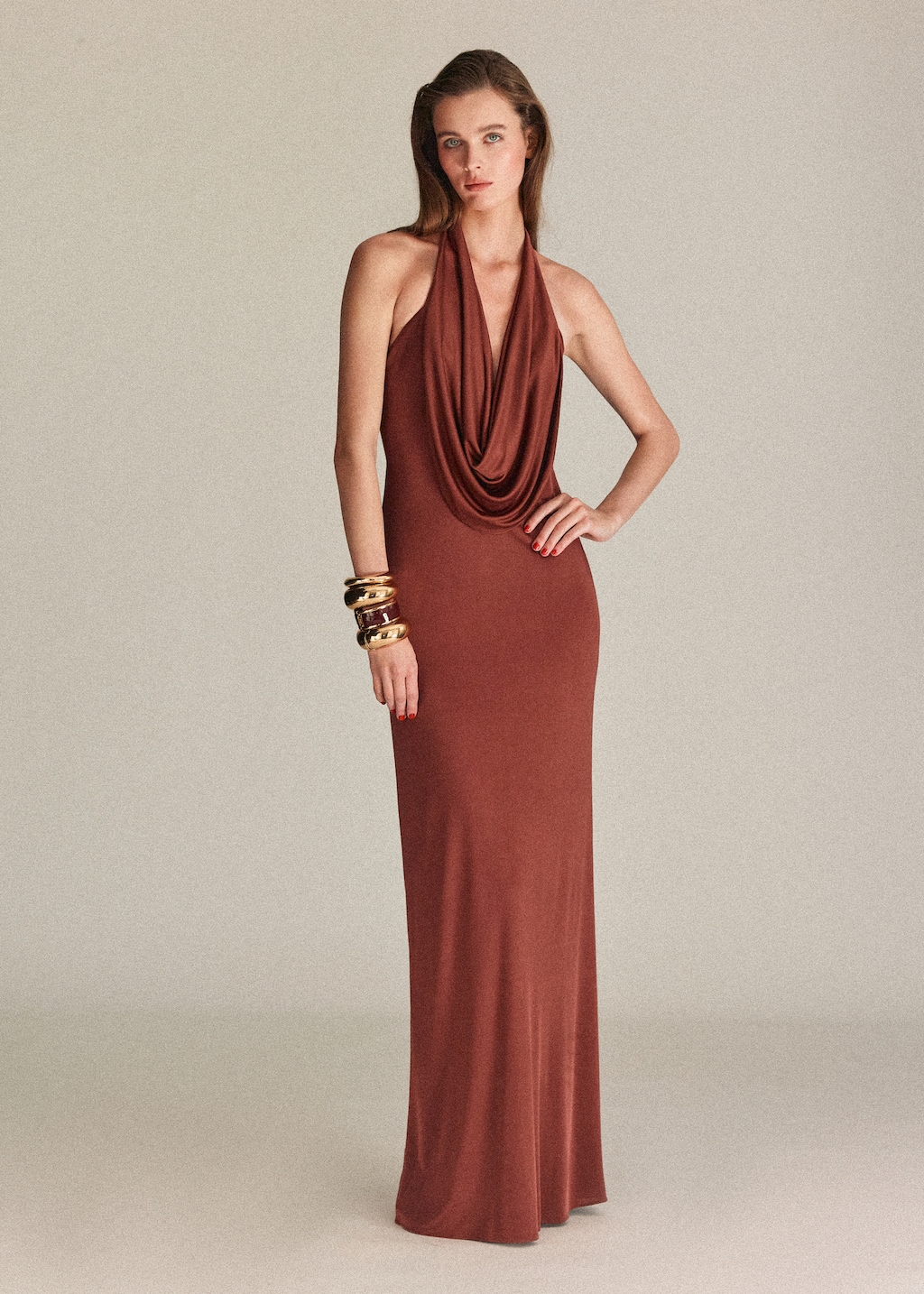 Satin knit dress with draped neckline