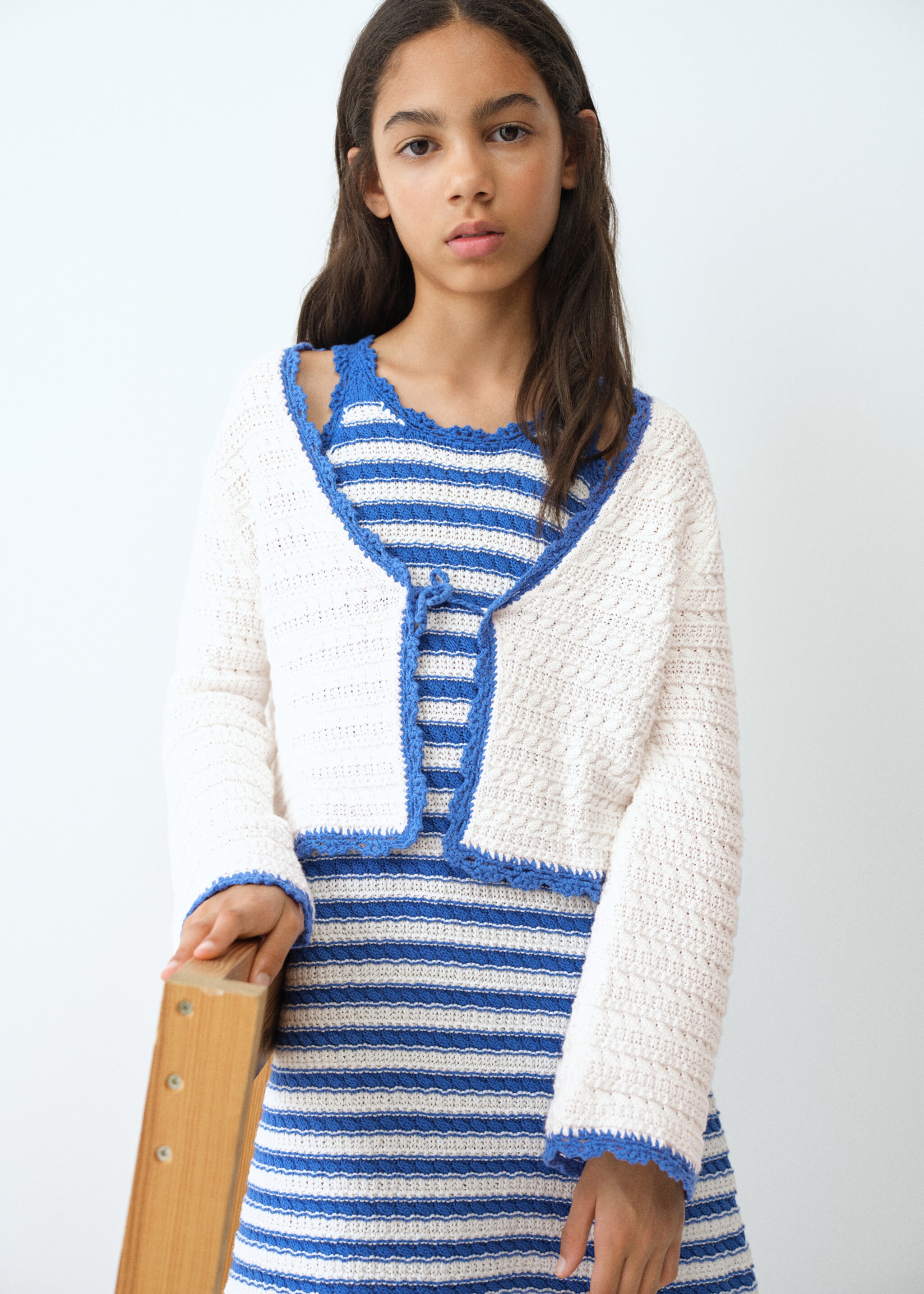 Cardigan maille ajourée nœud - Plan général, Écru. Ref: 27086733-00.