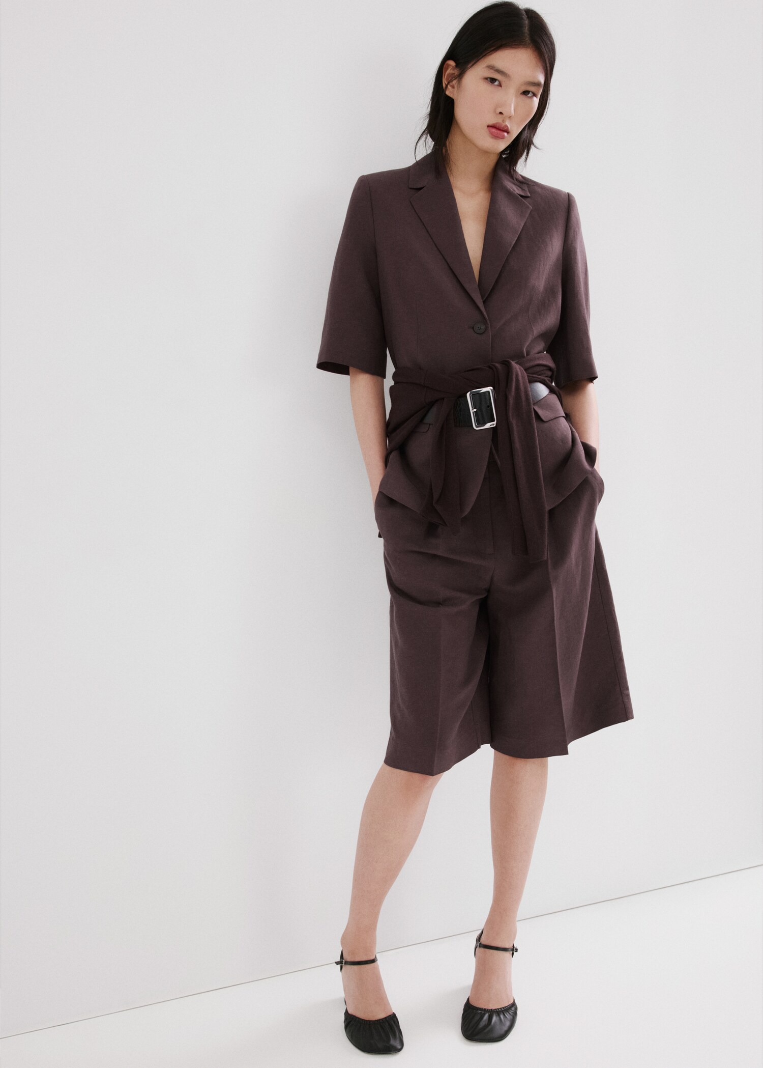 Linen suit jacket with belt - General plane