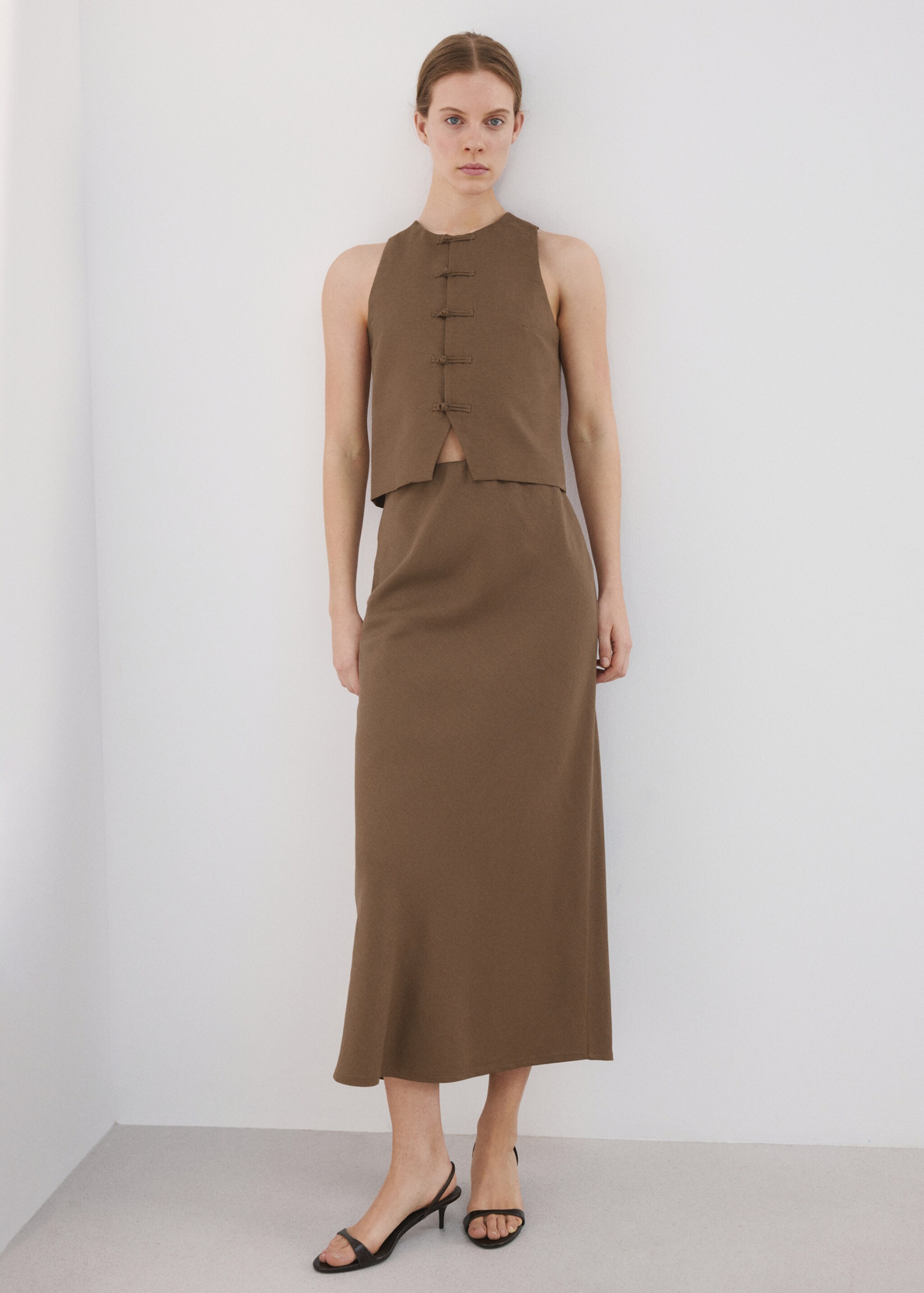 Linen-blend straight skirt - General plane, Brown. Ref: 27087783-00.