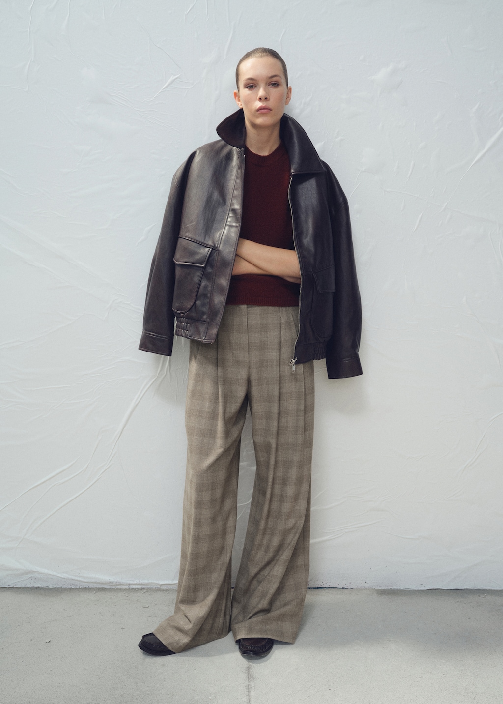 Wide-leg check suit pants