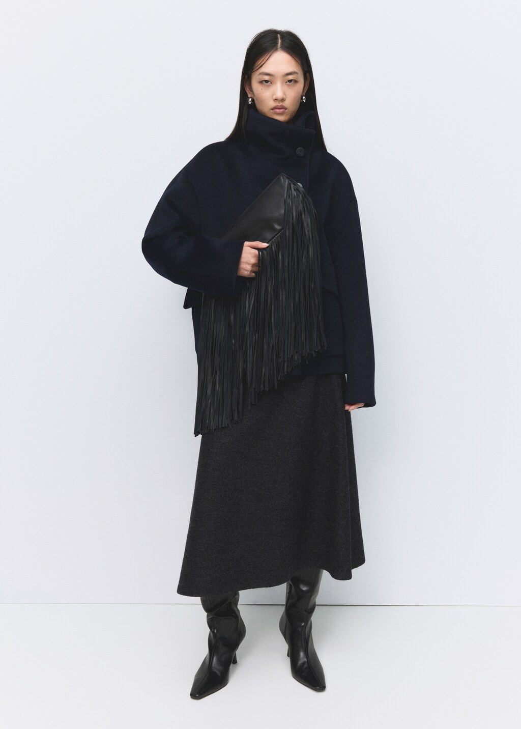 Wool-blend funnel-neck coat