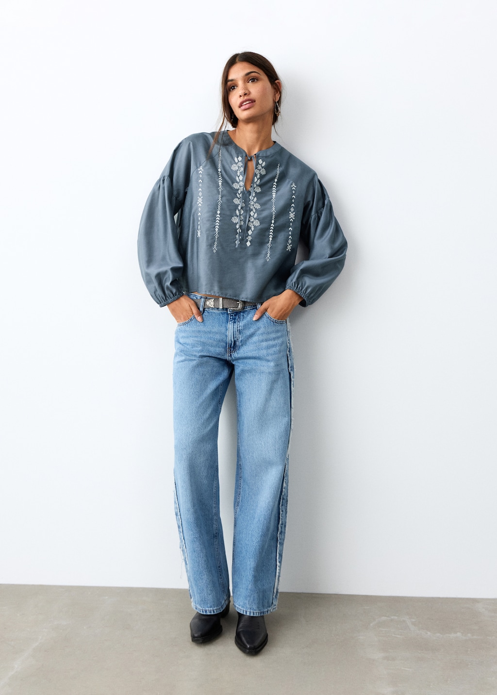 Embroidered blouse with bow