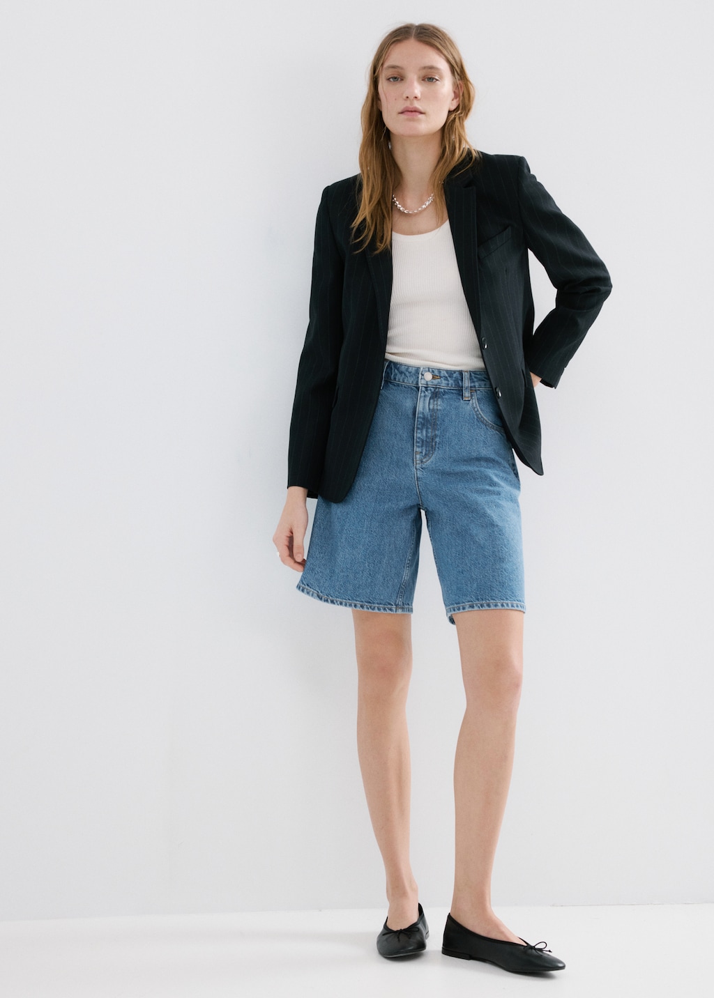 High-waist straight-fit denim shorts