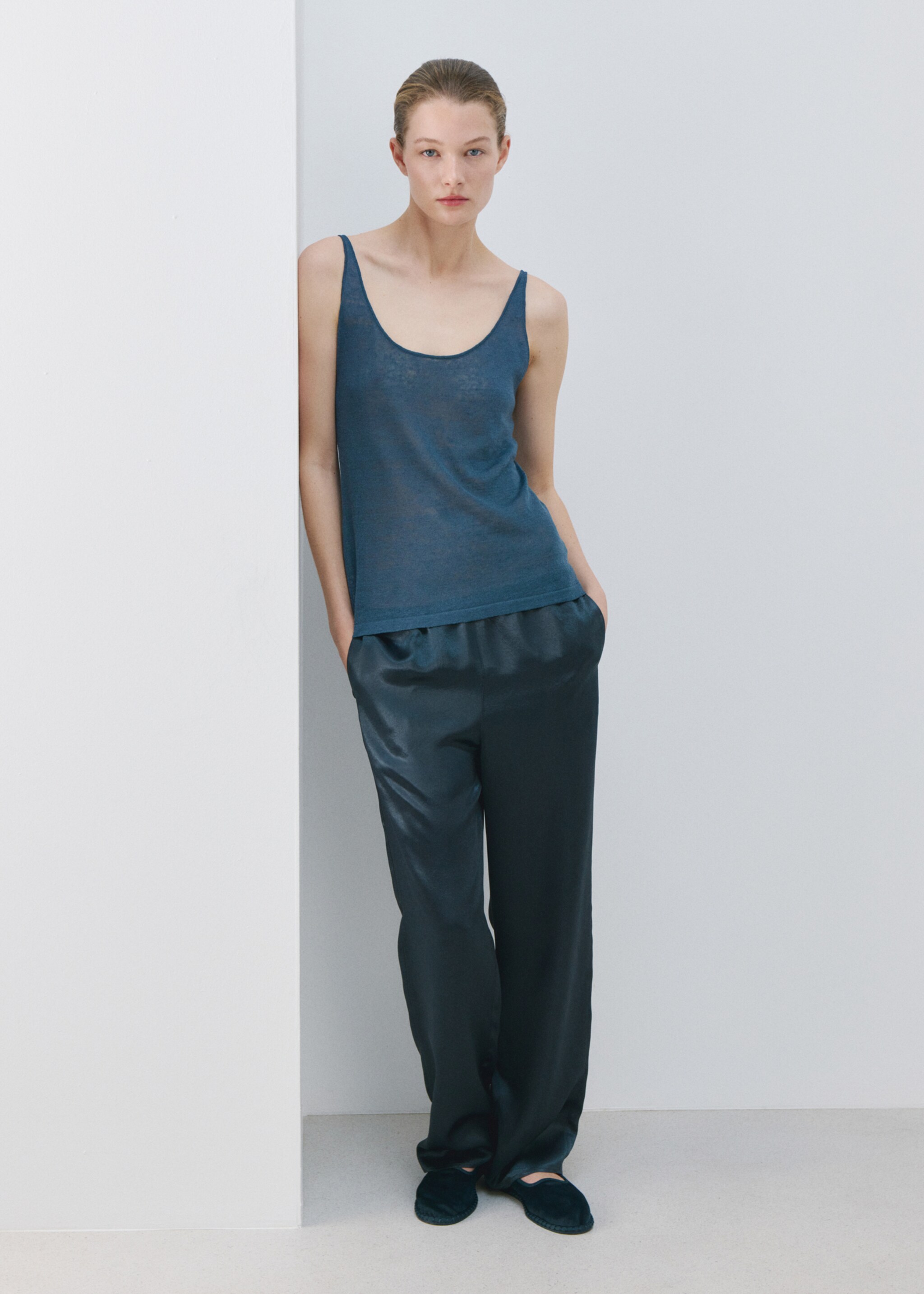 Satin trousers with elastic waist - General plane, Blue. Ref: 27093312-00.