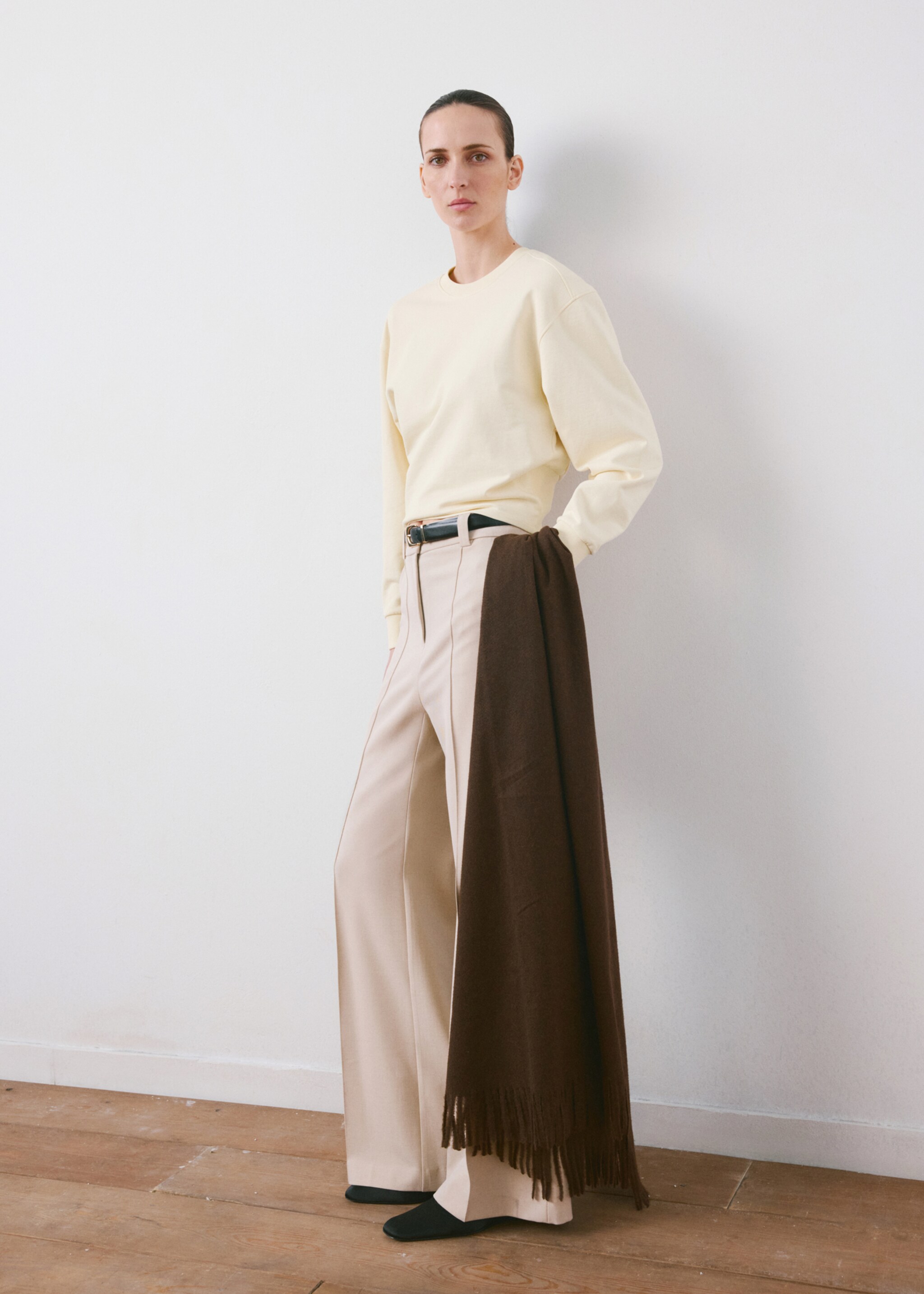 Round-neck cotton sweatshirt - General plane, Pastel Yellow. Ref: 27093335-00.