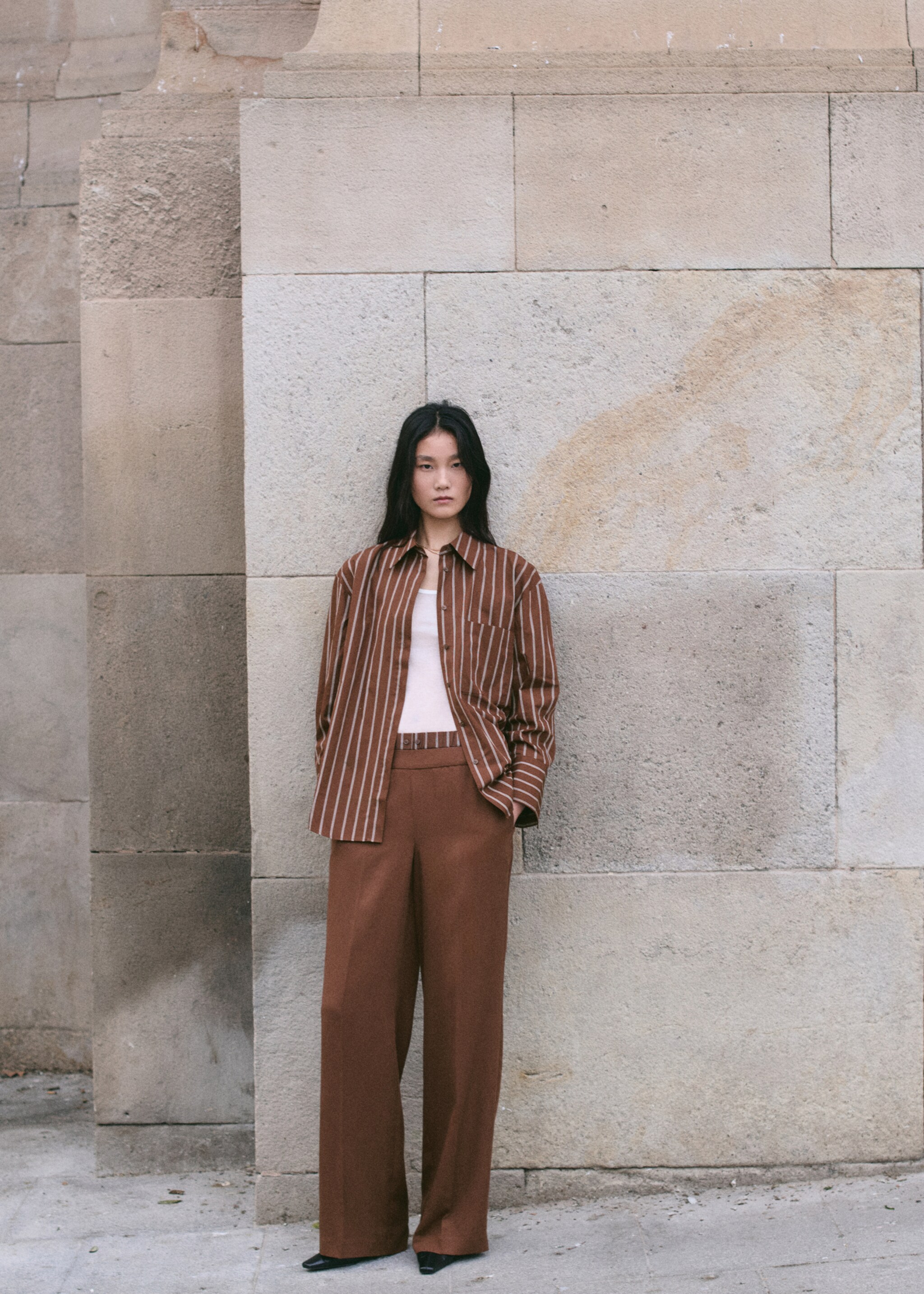 Lyocell pants with combined striped waistband - General plane, Brown. Ref: 27095164-00.