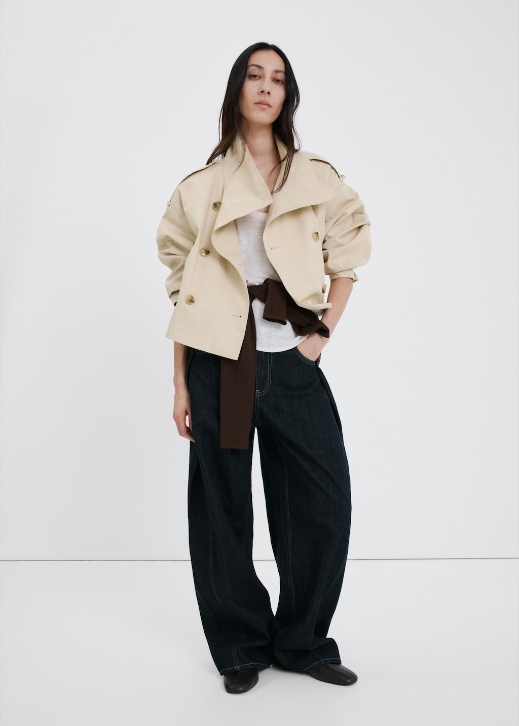 Funnel-neck cropped trench coat