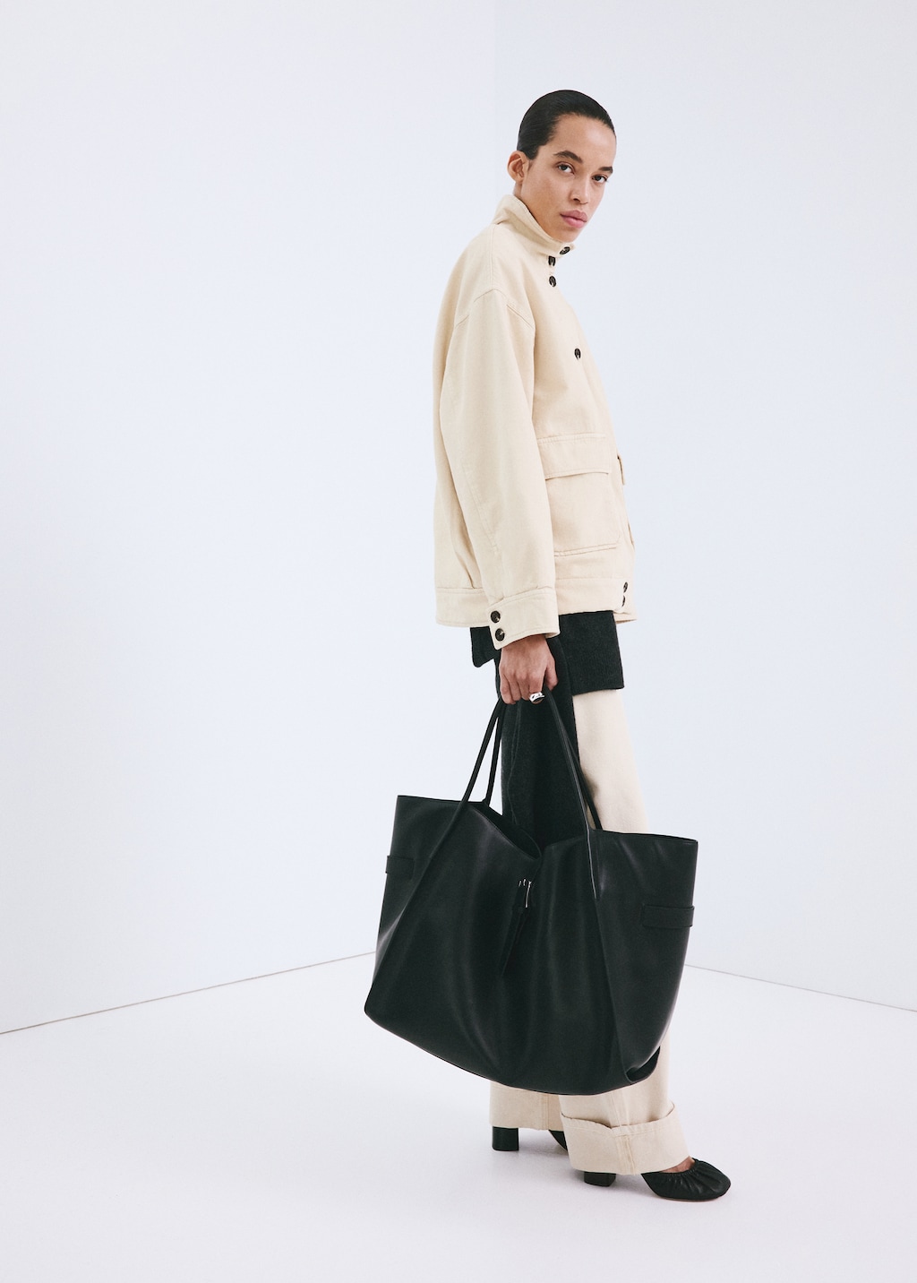 Denim parka with a stand-up collar