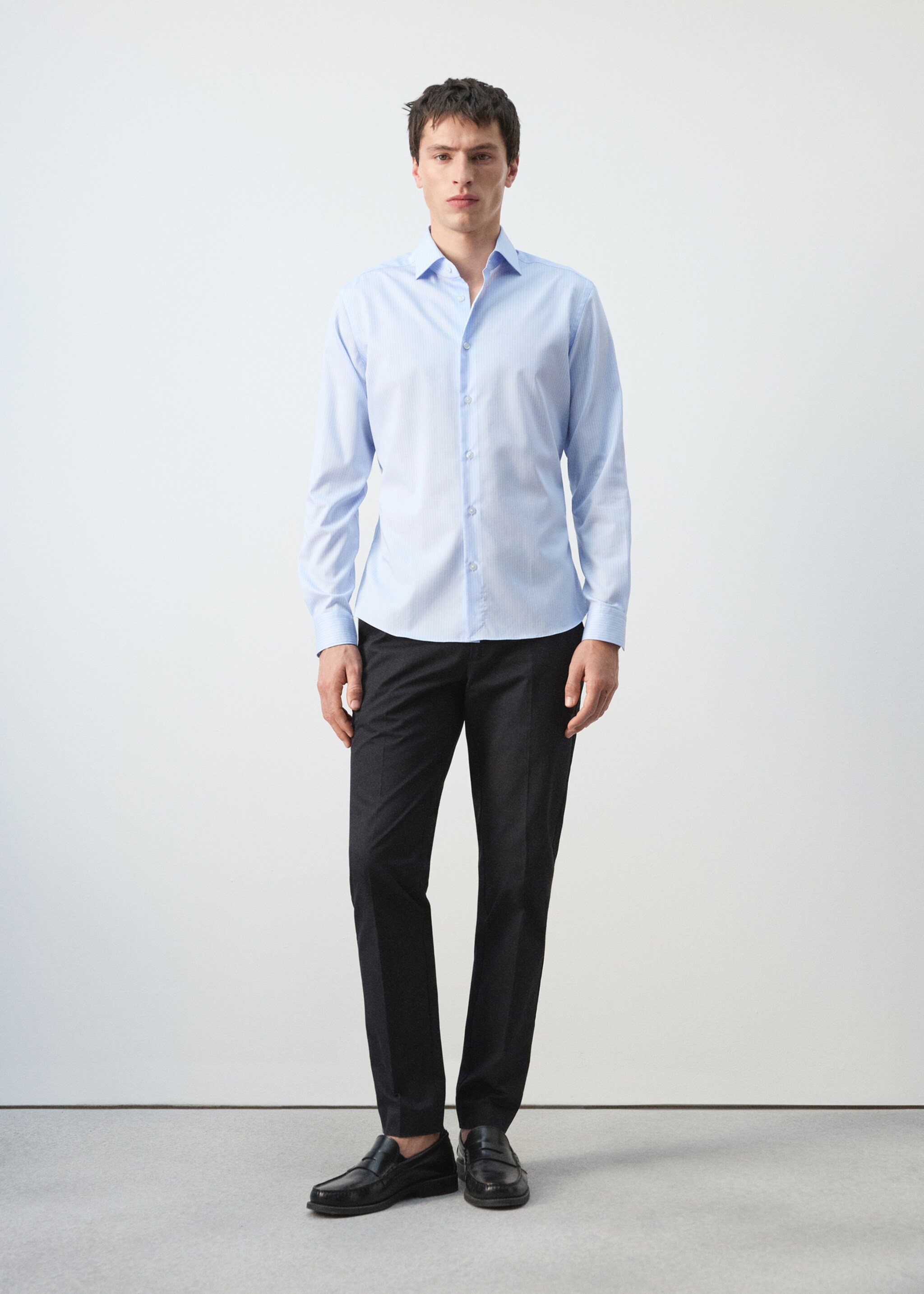 Slim fit striped cotton shirt - General plane, Sky Blue. Ref: 27095934-00.