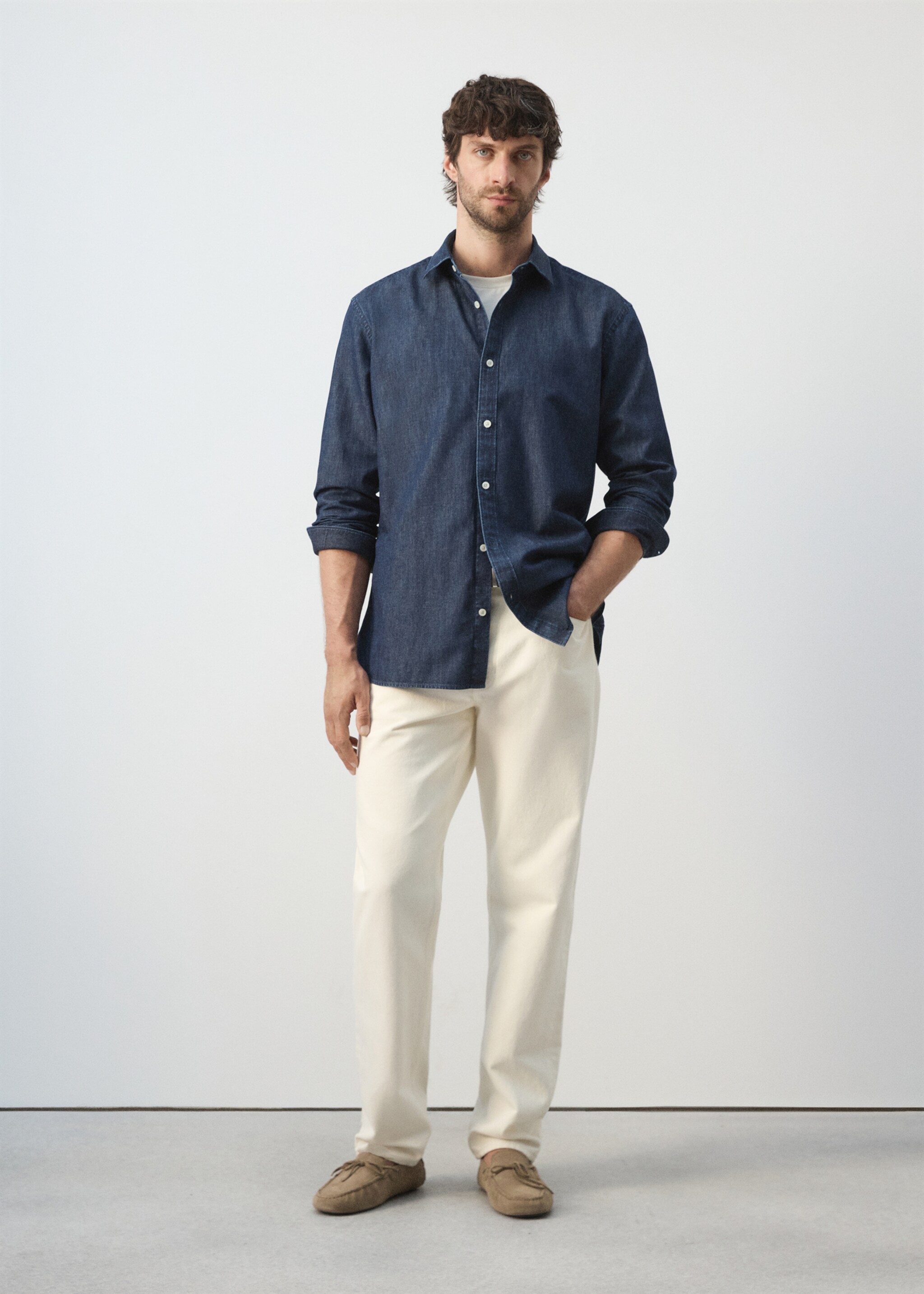 Chemise denim regular-fit coton et lin - Plan général, Bleu foncé. Ref: 27095936-00.