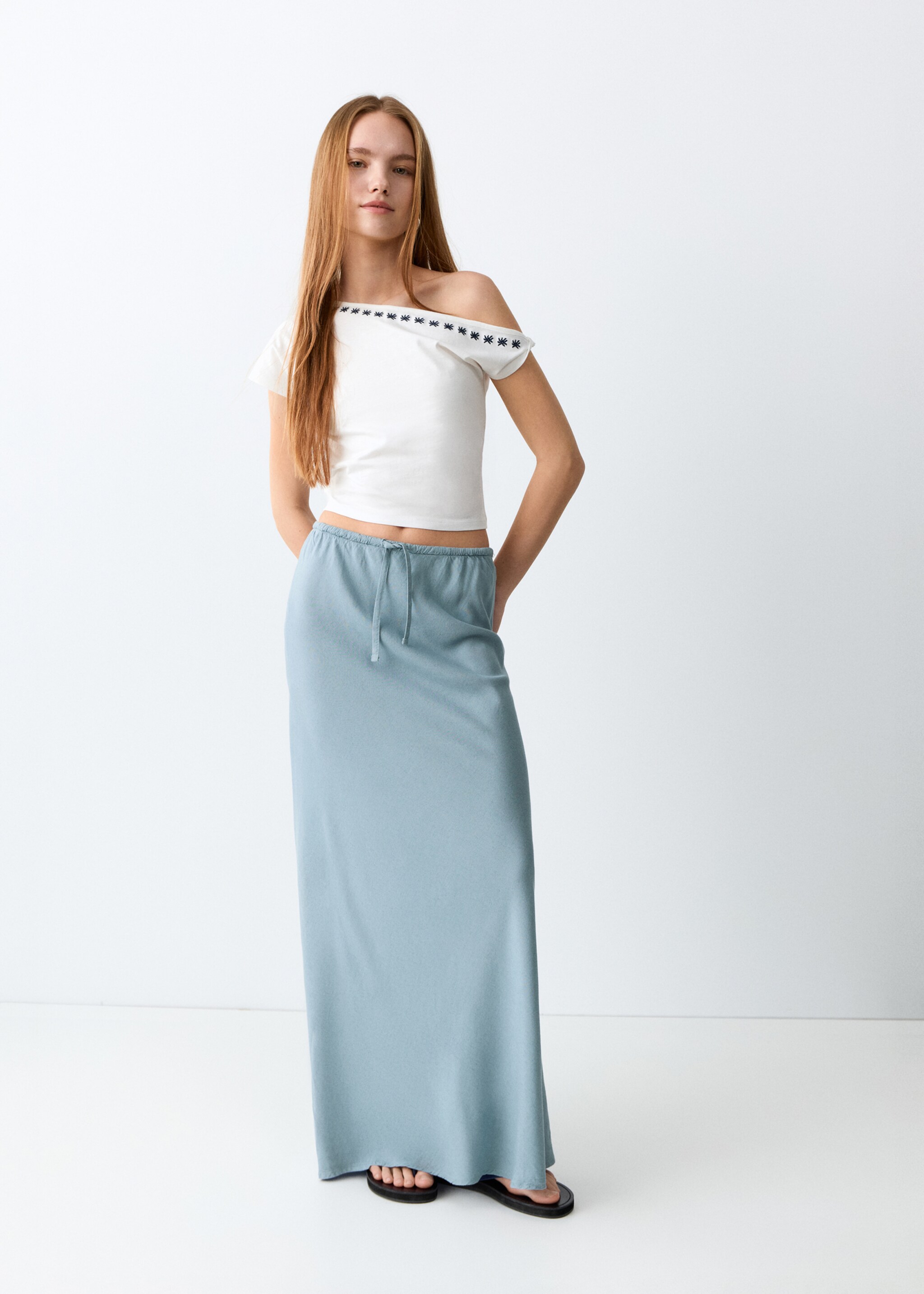 Linen-blend straight skirt - General plane, Sky Blue. Ref: 27096713-00.