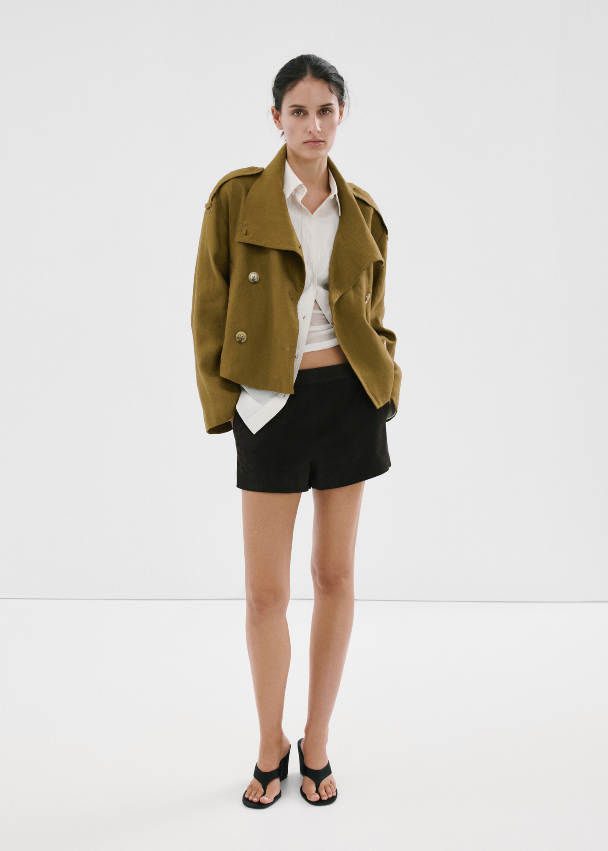 Linen funnel neck trench coat - General plane, Olive Green. Ref: 27097778-00.