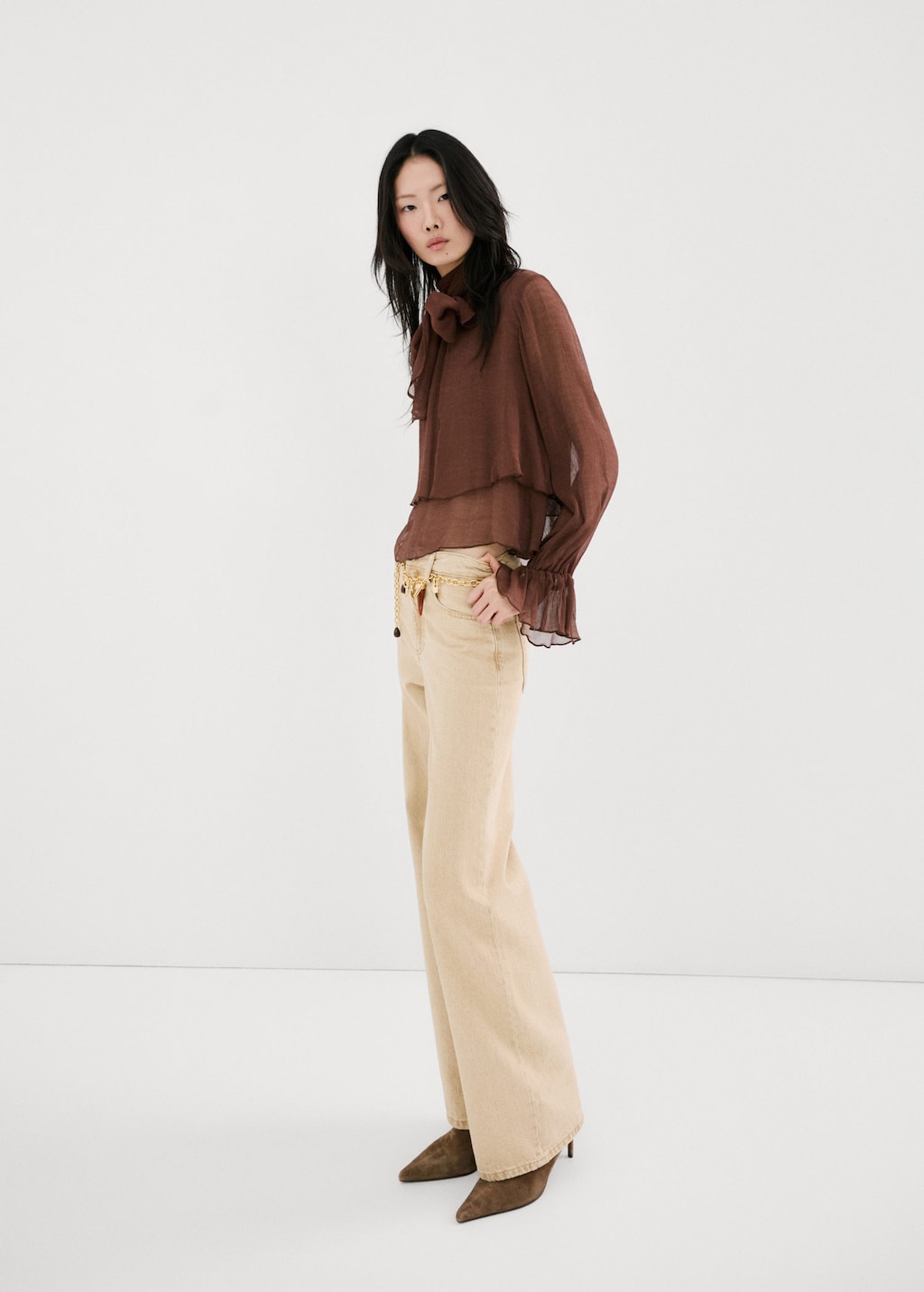 Mango Danila High-waisted Wide Leg Jeans Sand In Brown