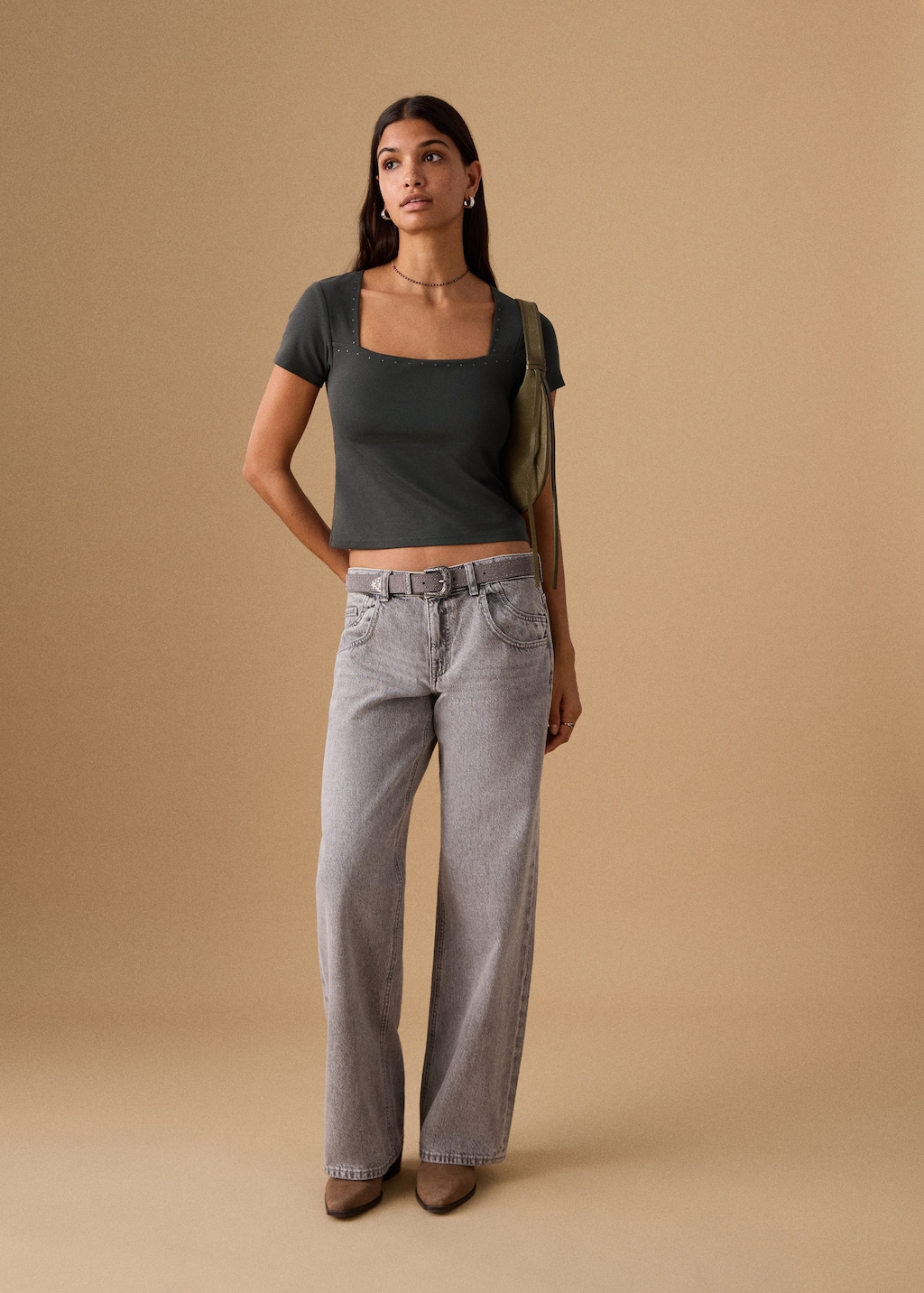Mango Teen Short Studded T-shirt Charcoal In Gray