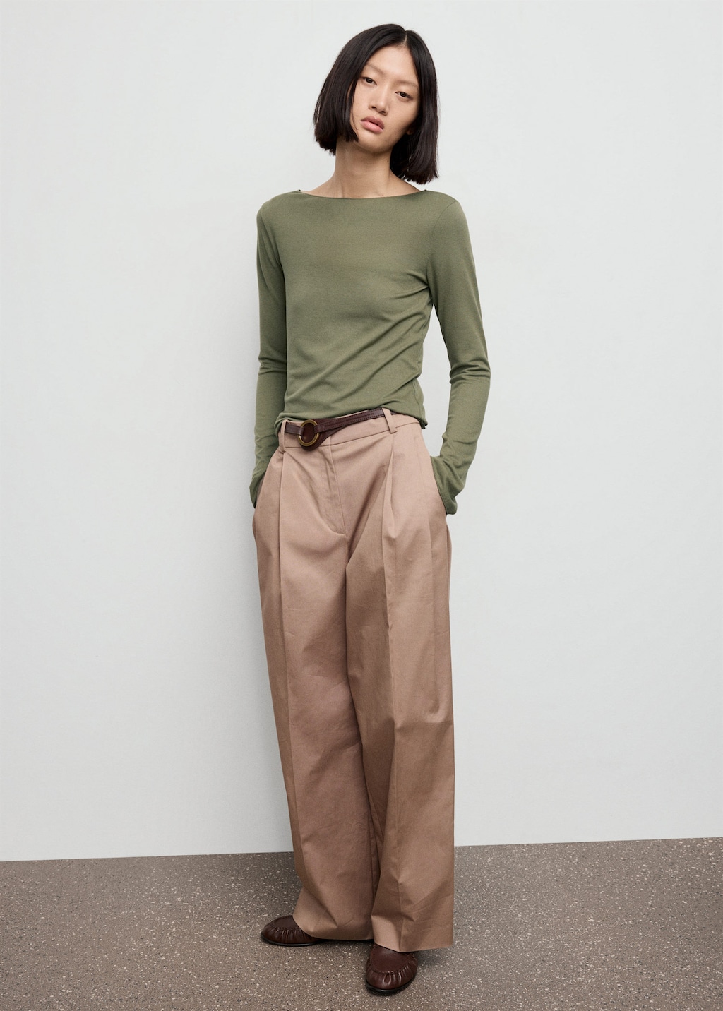 Mango Boat Neck T-shirt Khaki In Green