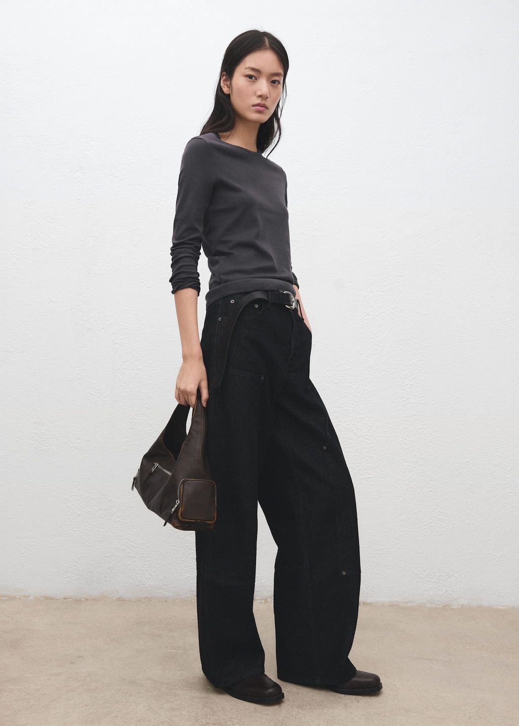 Mango Long Sleeve Cotton T-shirt Charcoal In Gray