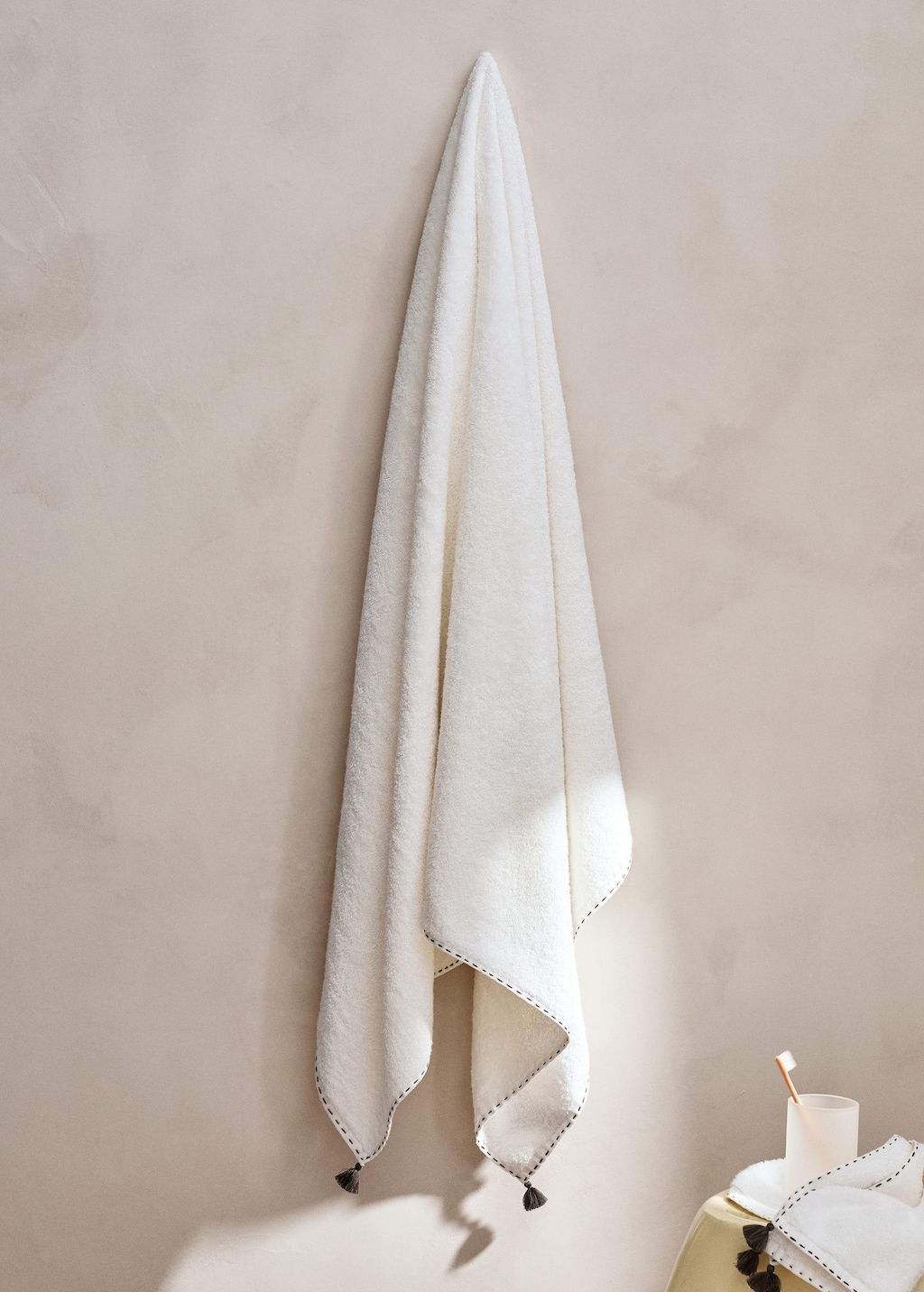 Mango Bath Towel With Topstitch Finish And Pompom Detail Off White