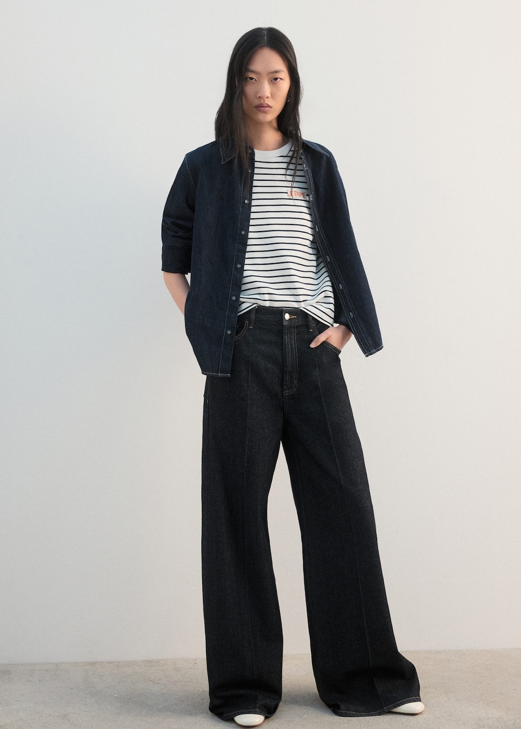 Mango Striped Shirt With Embroidered Details Navy In Blue