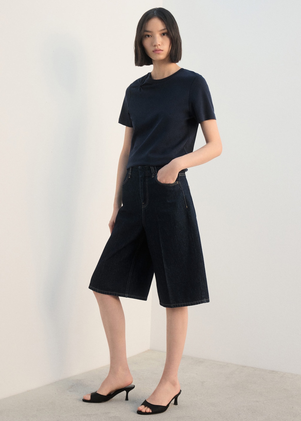 Mango Cotton T-shirt With Pucker Detail Navy In Blue