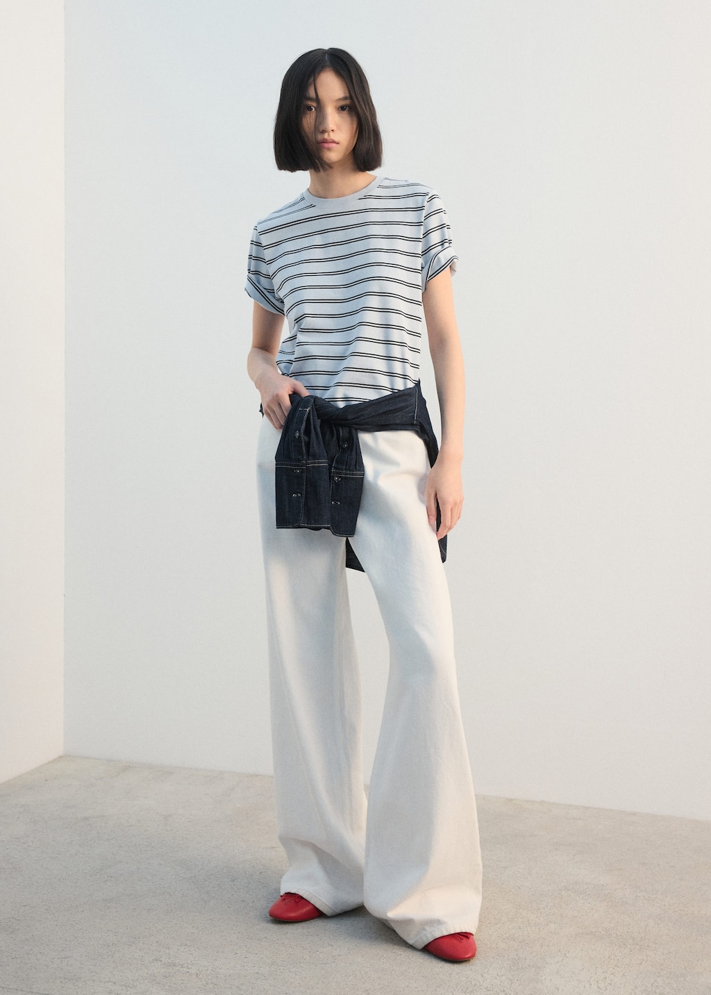 Mango Striped Cotton T-shirt Sky Blue