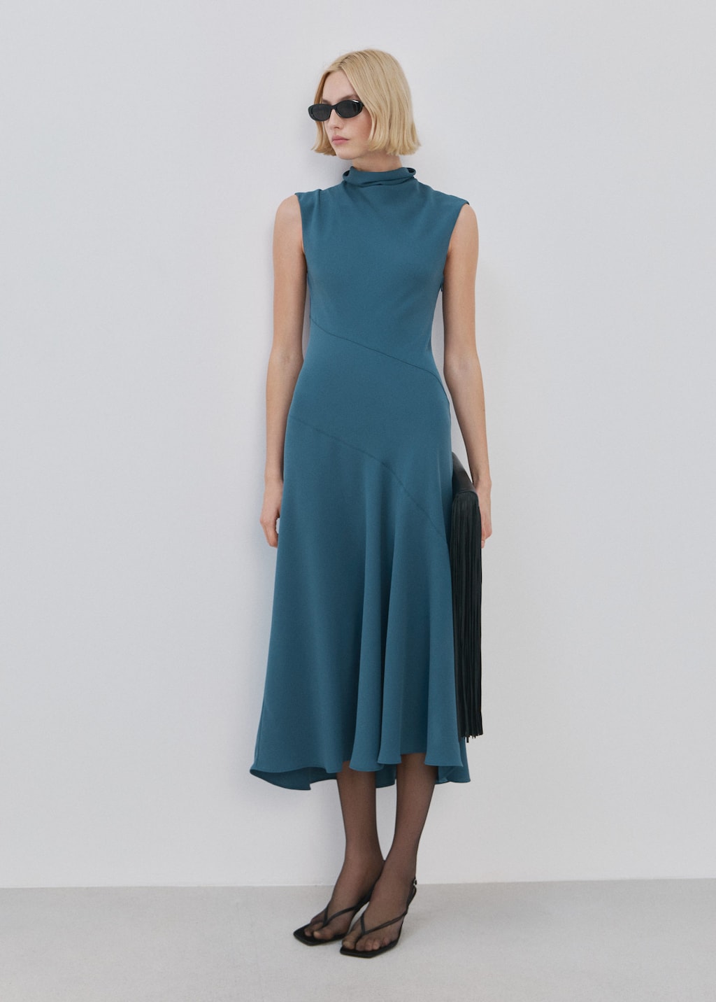 Mango Long Dress With Draped Neck Blue