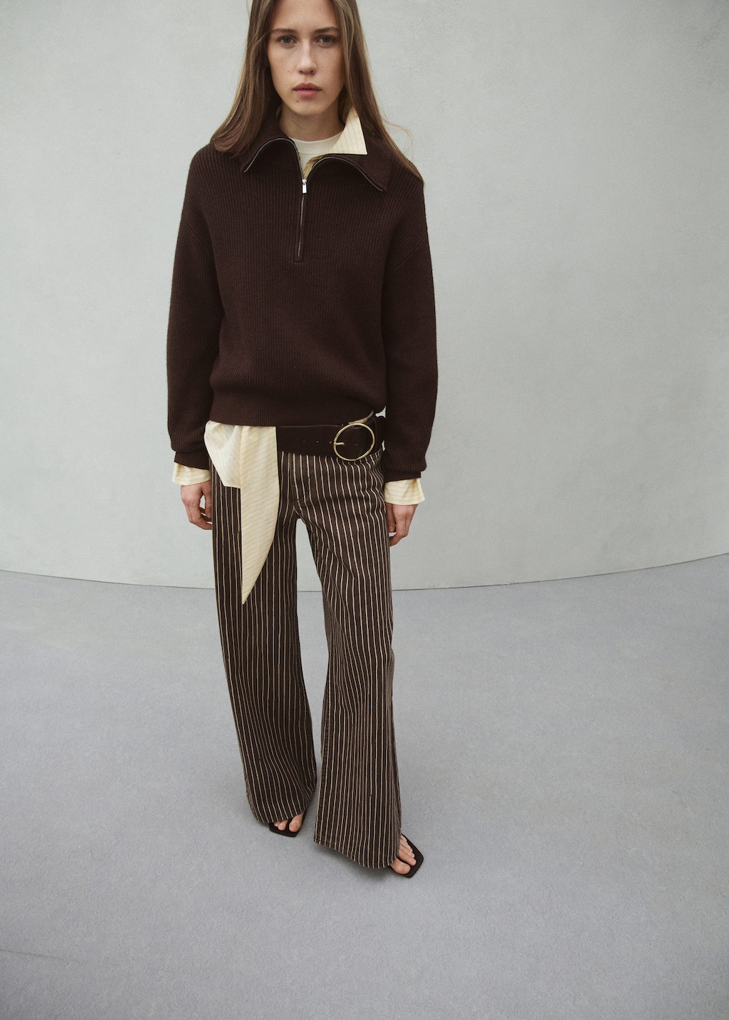 Mango Wide Leg Striped Jeans Chocolate In Multi