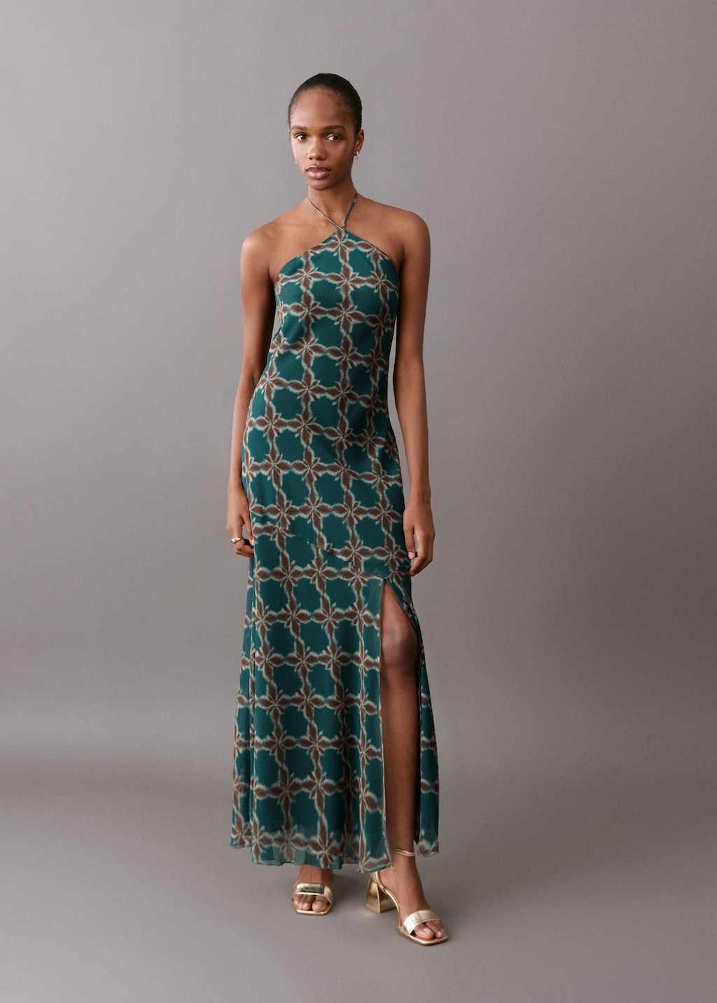 Mango Halter-neck Printed Dress Petrol Blue In Green