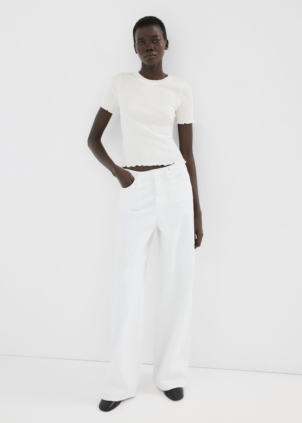 Mango T-shirt Maille Côtelée Écru - Femme - Xl -  In Sand