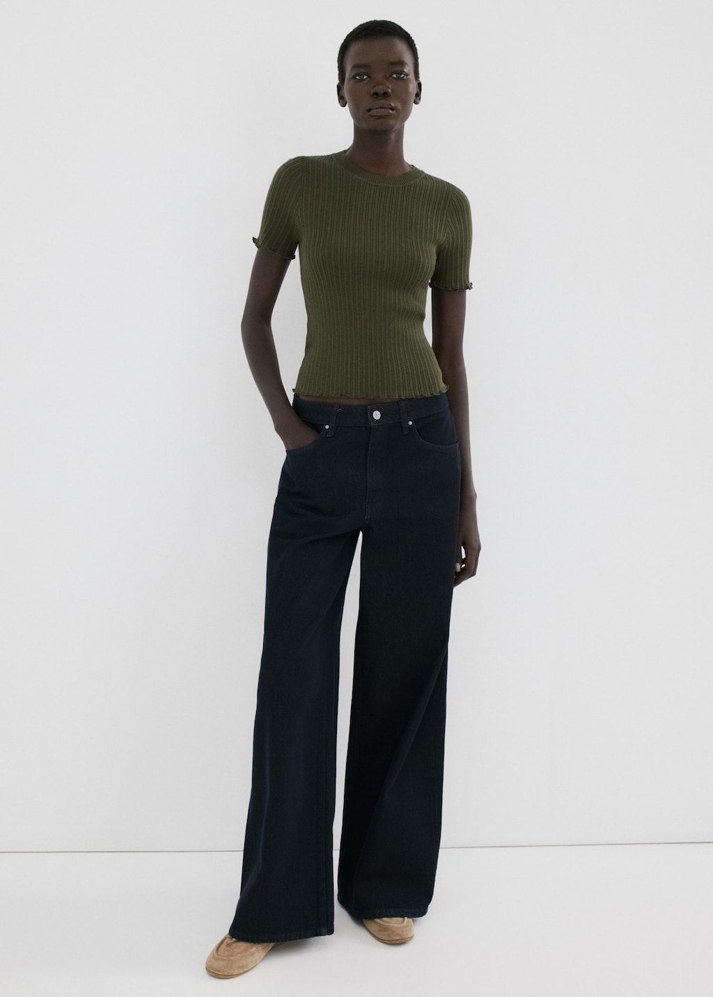 Mango T-shirt Maille Côtelée Kaki - Femme - L -  In Brown