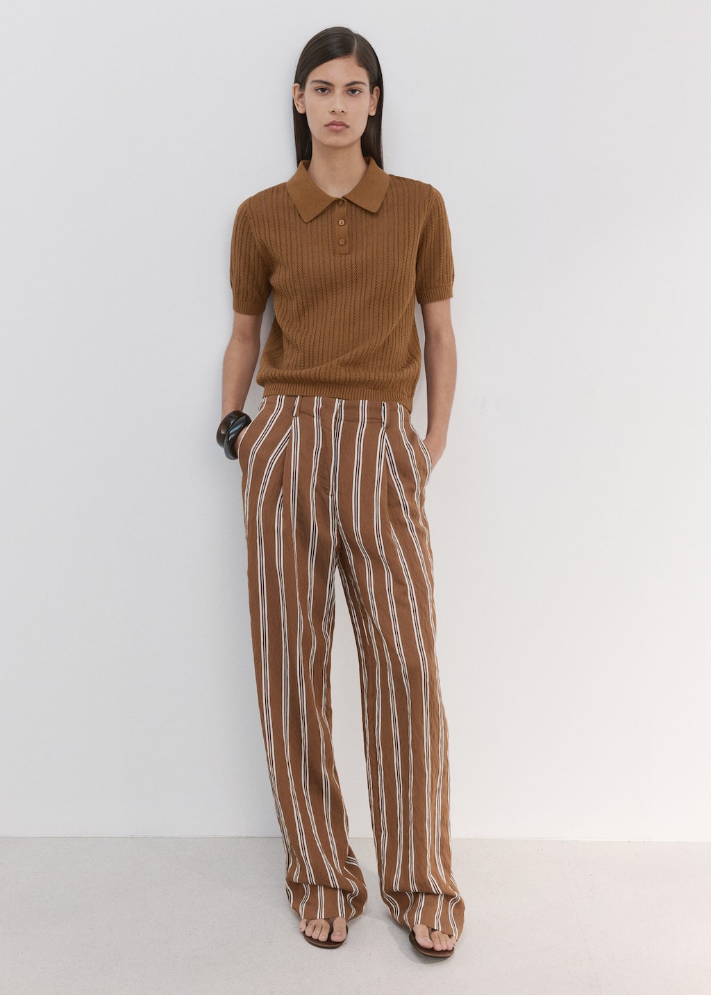 Mango Pull-over Maille Ajourée Col Polo Caramel - Femme - Xl -  In Brown