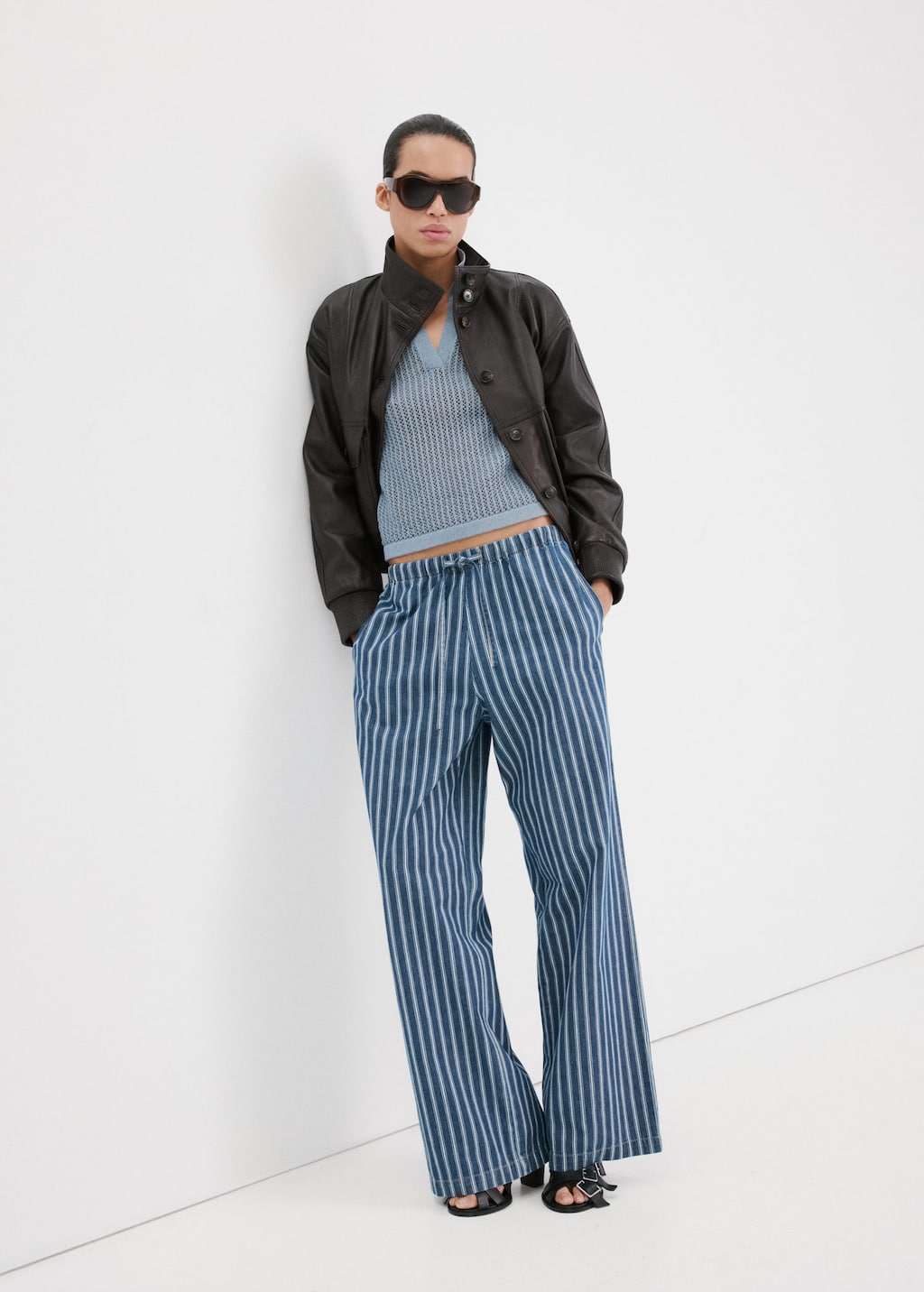 Mango Pull-over Maille Ajourée Col Polo Bleu Ciel - Femme - L -  In Blue