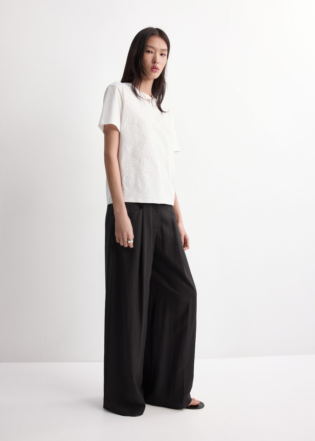 Mango T-shirt Coton Broderie À Fleurs Blanc Cassé - Femme - L -  In White