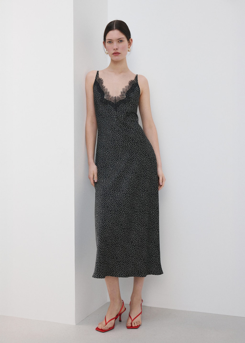 Mango Robe À Pois Avec Dentelle Noir - Femme - Xl -  In Black