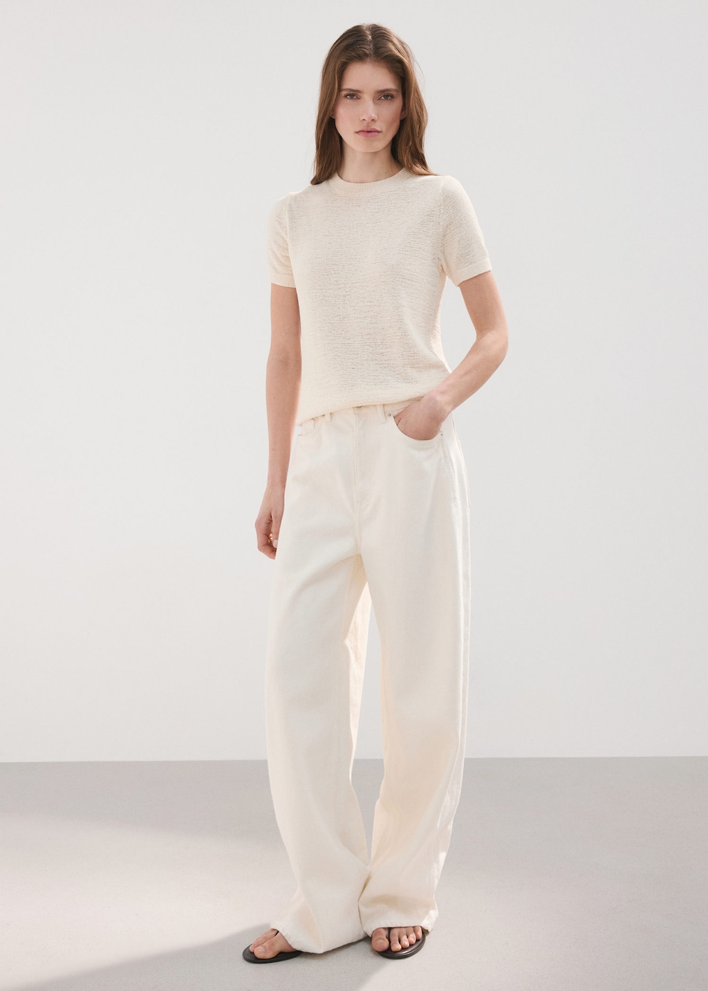 Mango Short-sleeved Knitted Sweater In Ecru