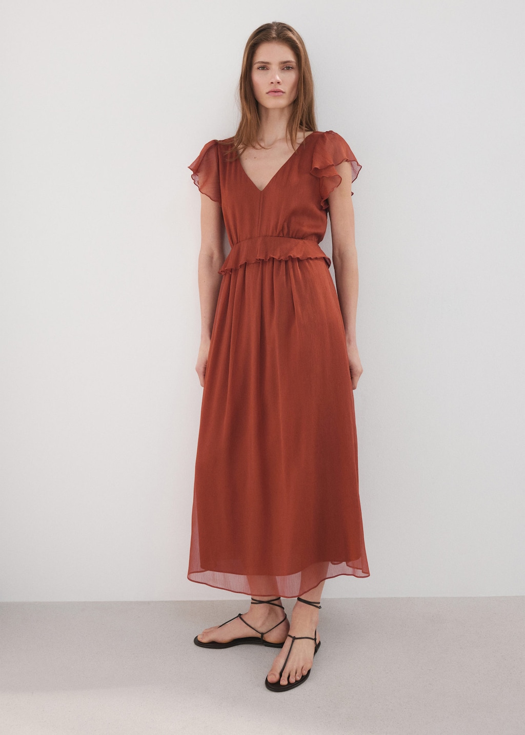 Mango Robe Longue À Volants Orange Brûlé - Femme - L -