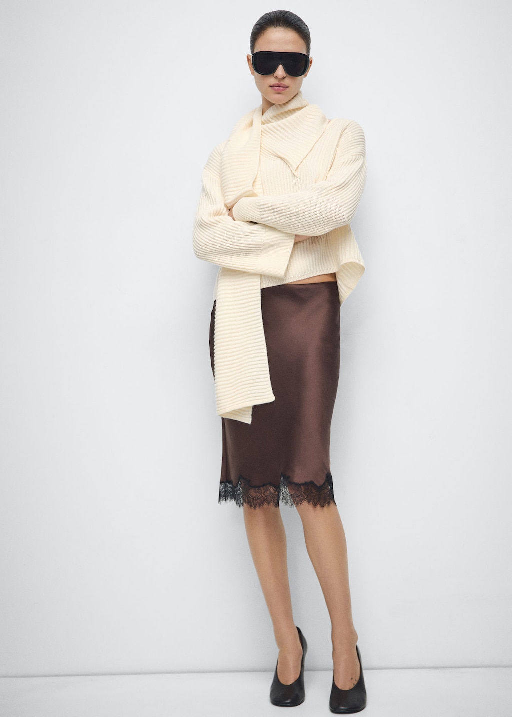 Mango Ribbed Sweater With Scarf Detail Ecru In Neutral