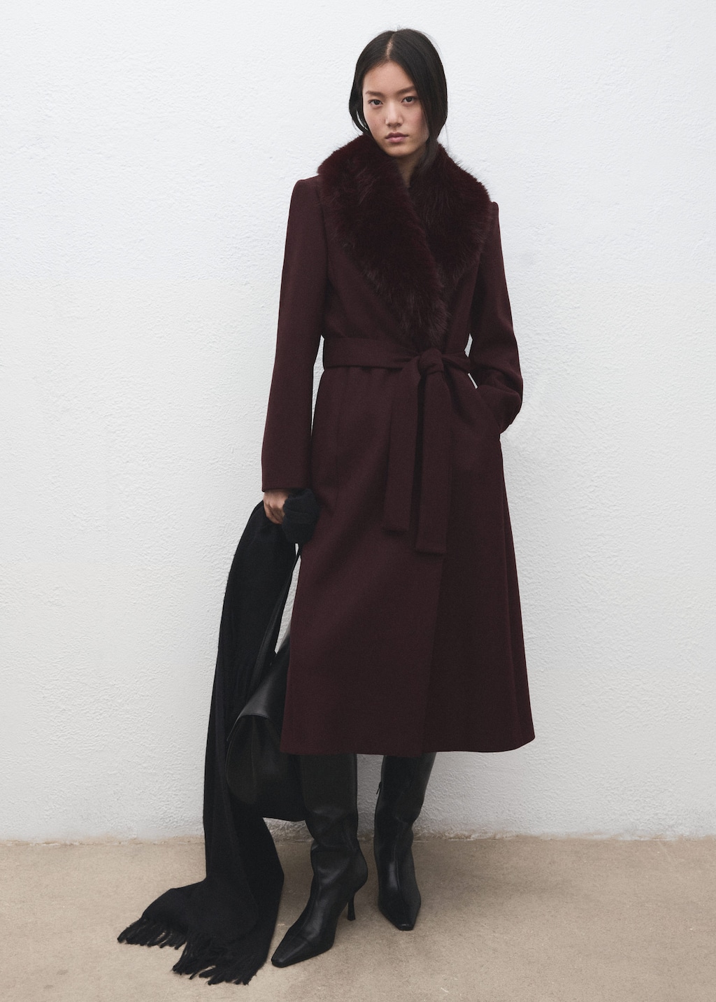 Mango Manteco Wool Coat With Fur Collar In Burgundy