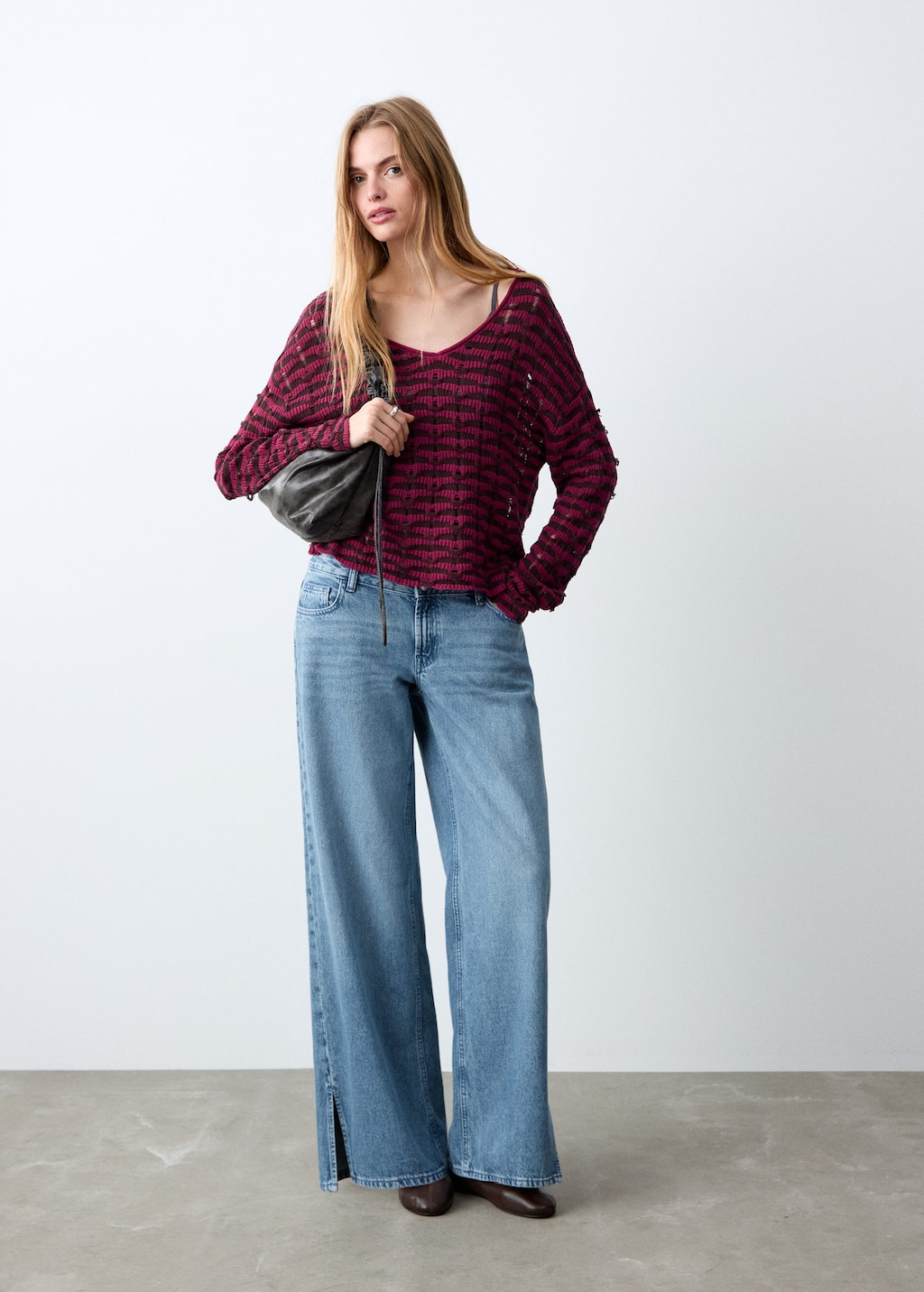 Mango Teen Openwork Knit Sweater Cherry In Burgundy