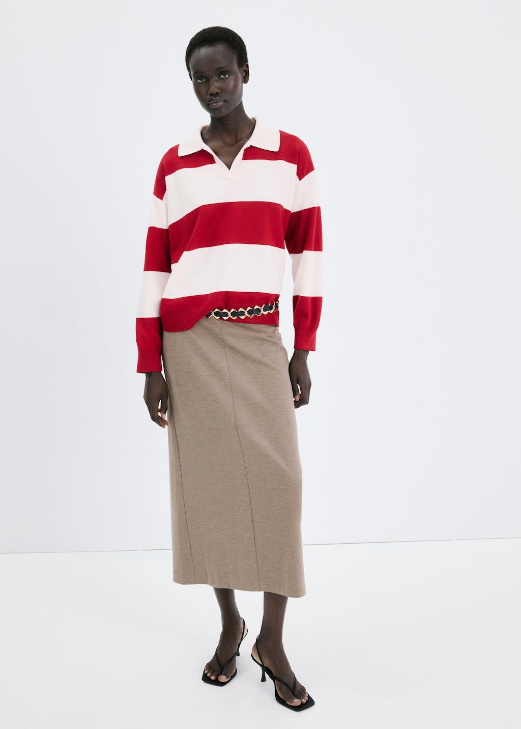 Mango Striped Polo-neck Sweater Red