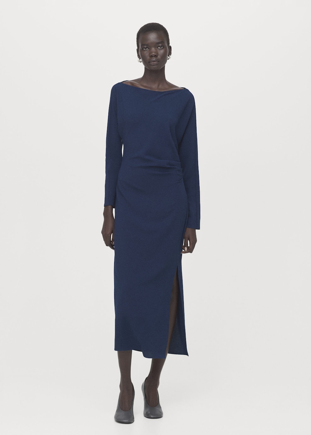 Mango Boat-neck Ruched Dress Navy In Blue