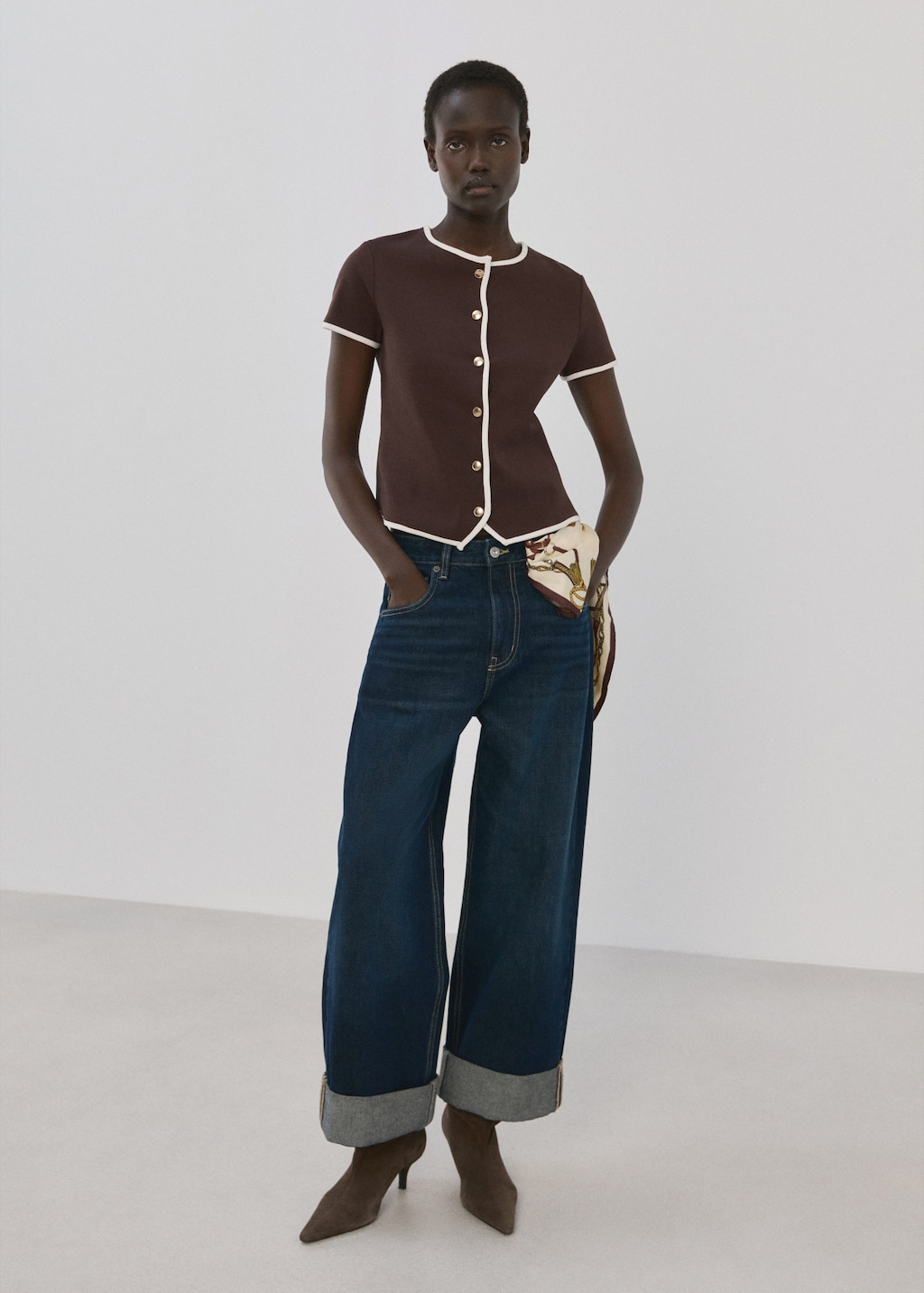 Mango Buttoned Cotton T-shirt Chocolate In Black