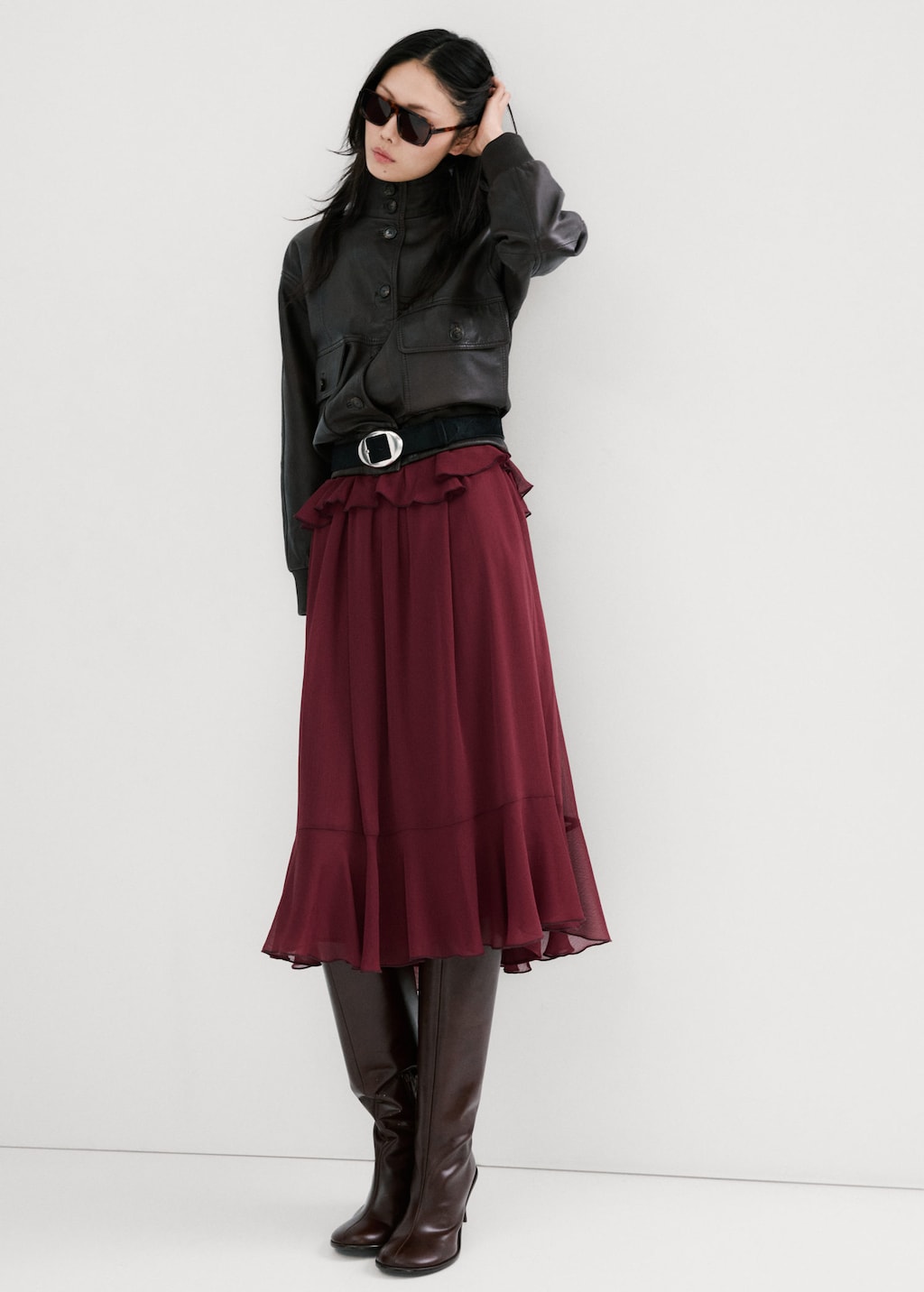 Mango Long Ruffled Dress Burgundy