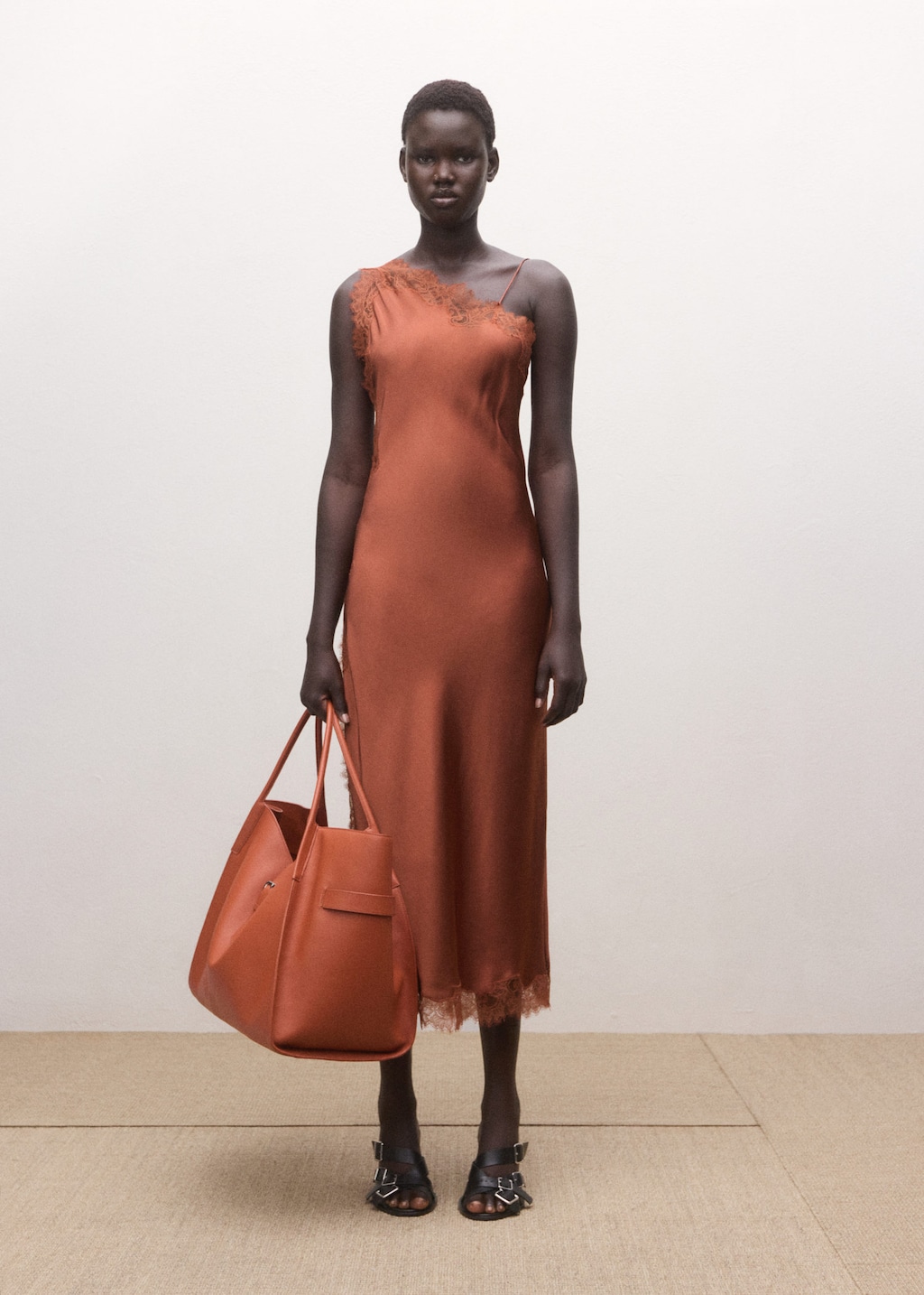 Mango Asymmetric Satin Lace Dress Burnt Orange